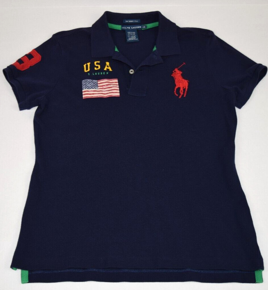 Vintage Polo Ralph Lauren Shirt Size L Y2K The Skinny Polo USA Flag Logo Black