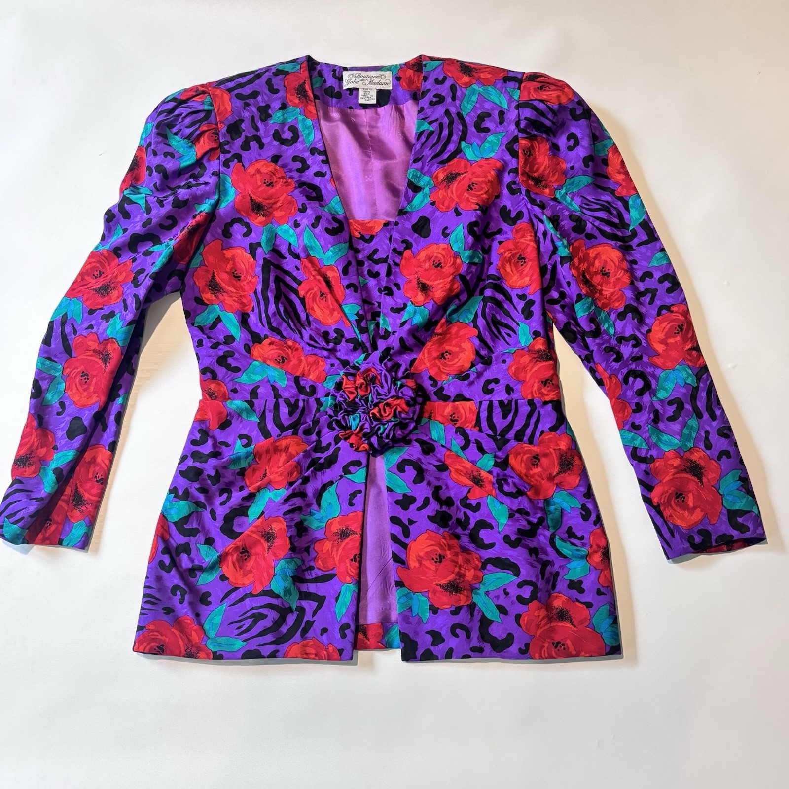 VTG 80th Jolie Madame Animal Floral Print Blazer Blouse Purple Leopard Rose Silk