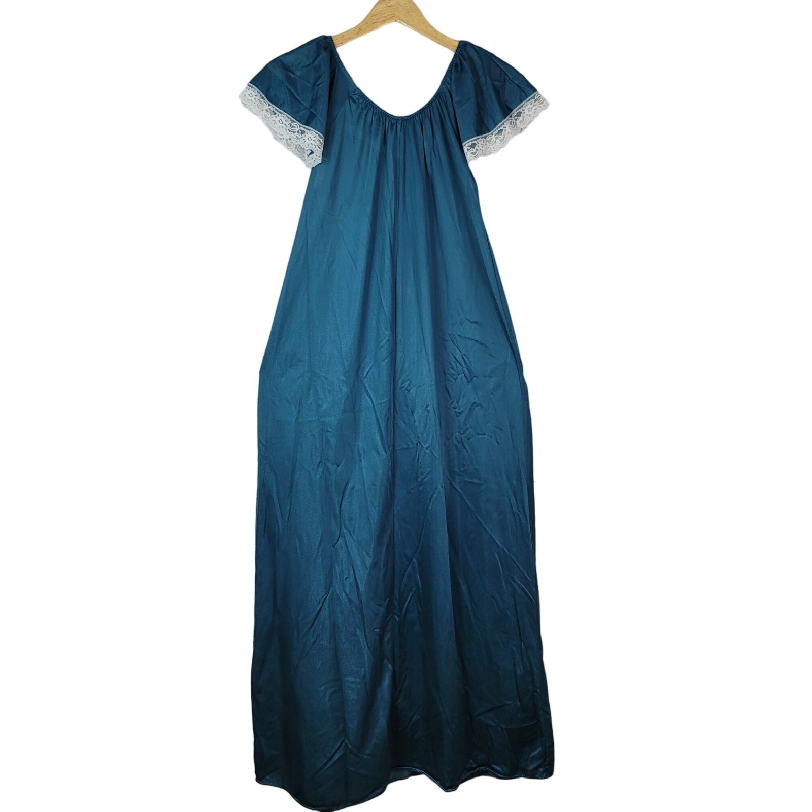 Dream Wear NIghtgown Blue Green Medium Lace Trim Nylon Flutter Lingerie USA VTG