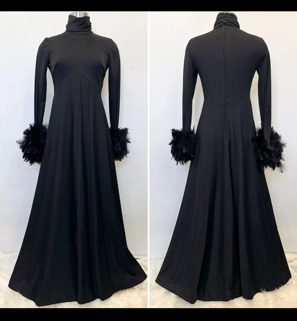 Vtg Joseph Magnin Black Feather Cuff Maxi Dress Goddess Gown Empire 60s 70s S