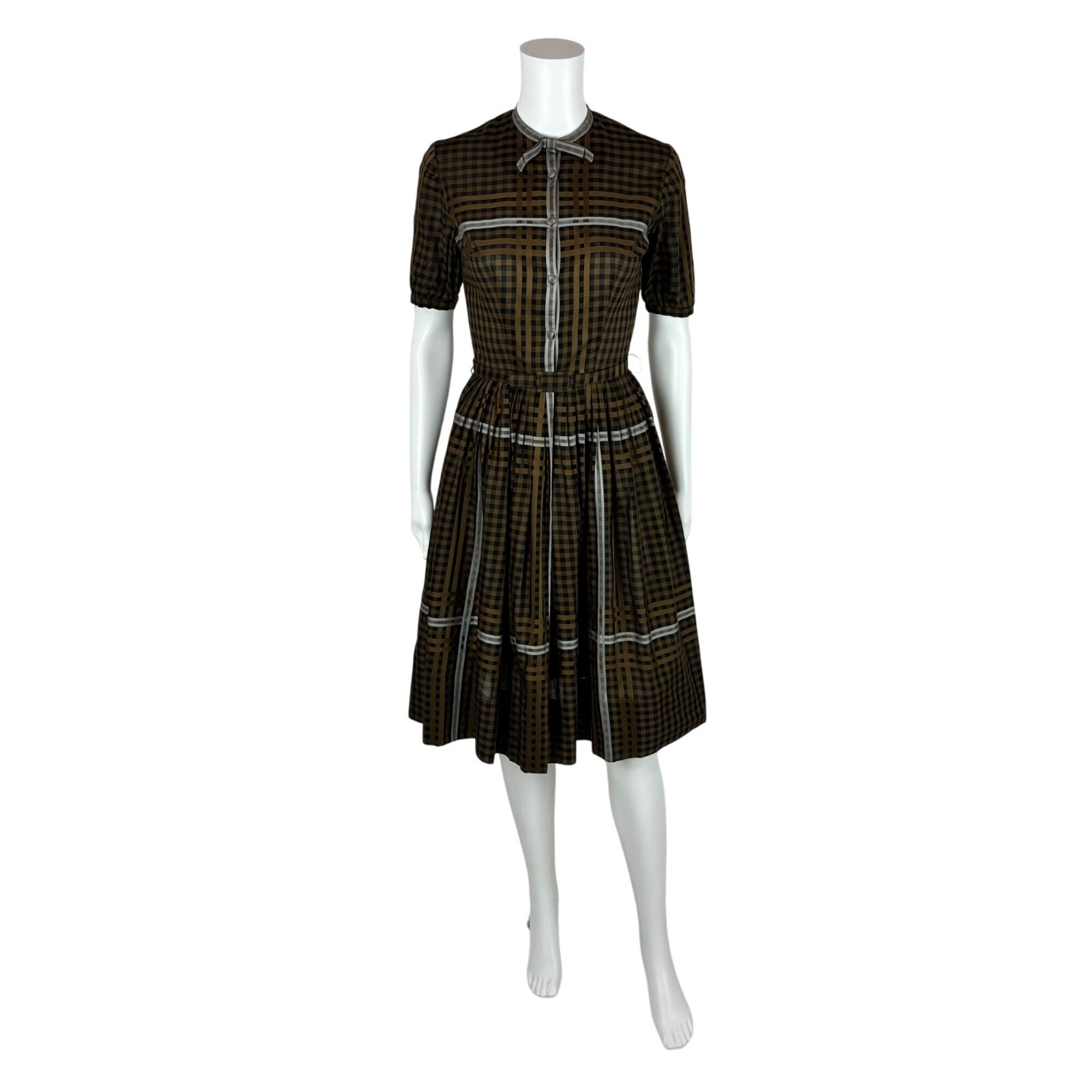 Vintage 60s Shirtdress Women’s XXS Brown Checkered L’Aiglon Belted Dress Academi