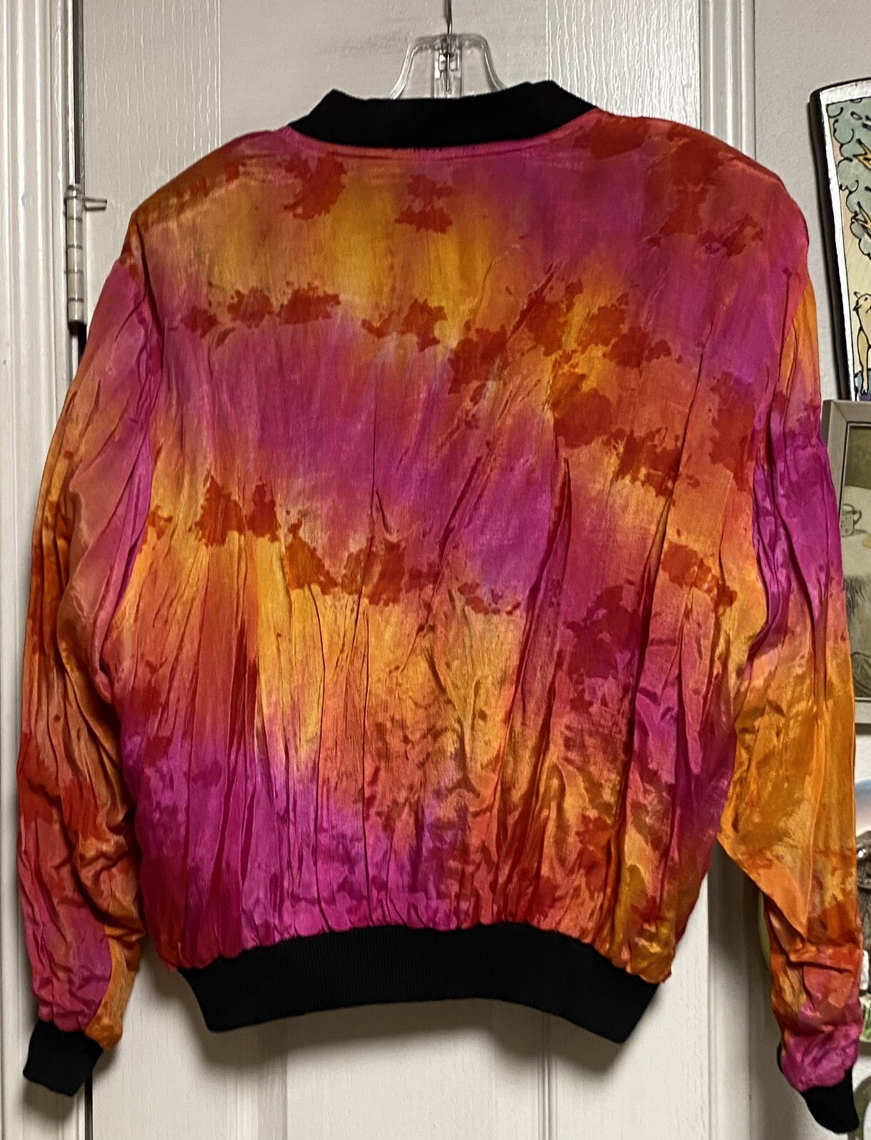 Vintage RIDE Rayon/Cotton Fuchsia Orange & Black Bomber Jacket W/Shoulder Pads