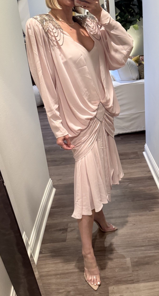 Vintage 1982 Eletra Casadei Blush Pink Chiffon Beaded Dress 80s Golden Girls M
