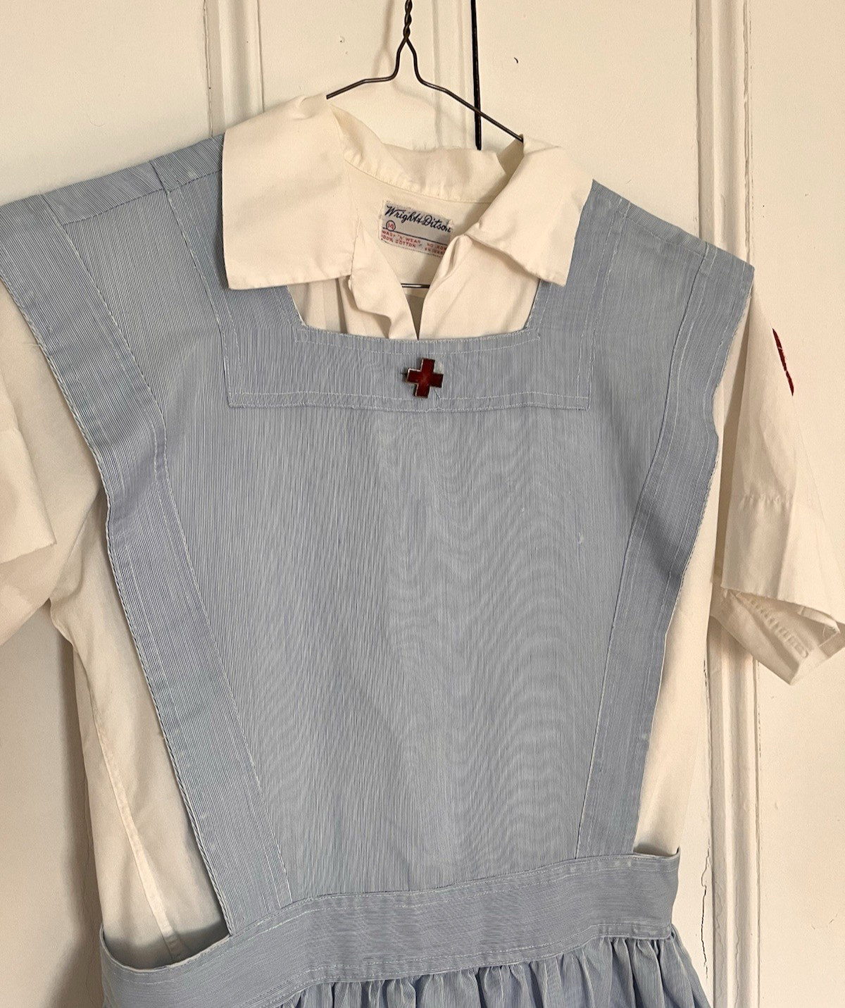 Genuine 1940s American Red Cross Nurse’s Aide Uniform w/ Pinafore, Blouse, Pin
