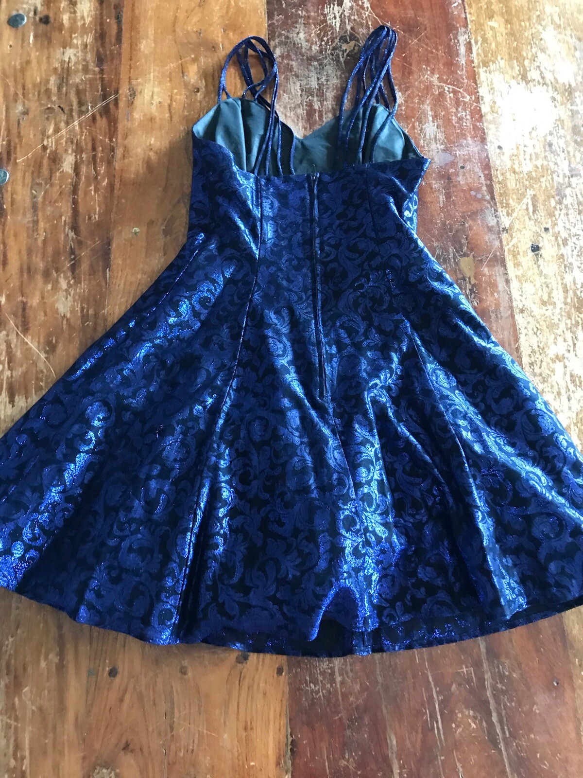 VTG 90s blue metallic dress brocade print strappy design tulle full skirt retro