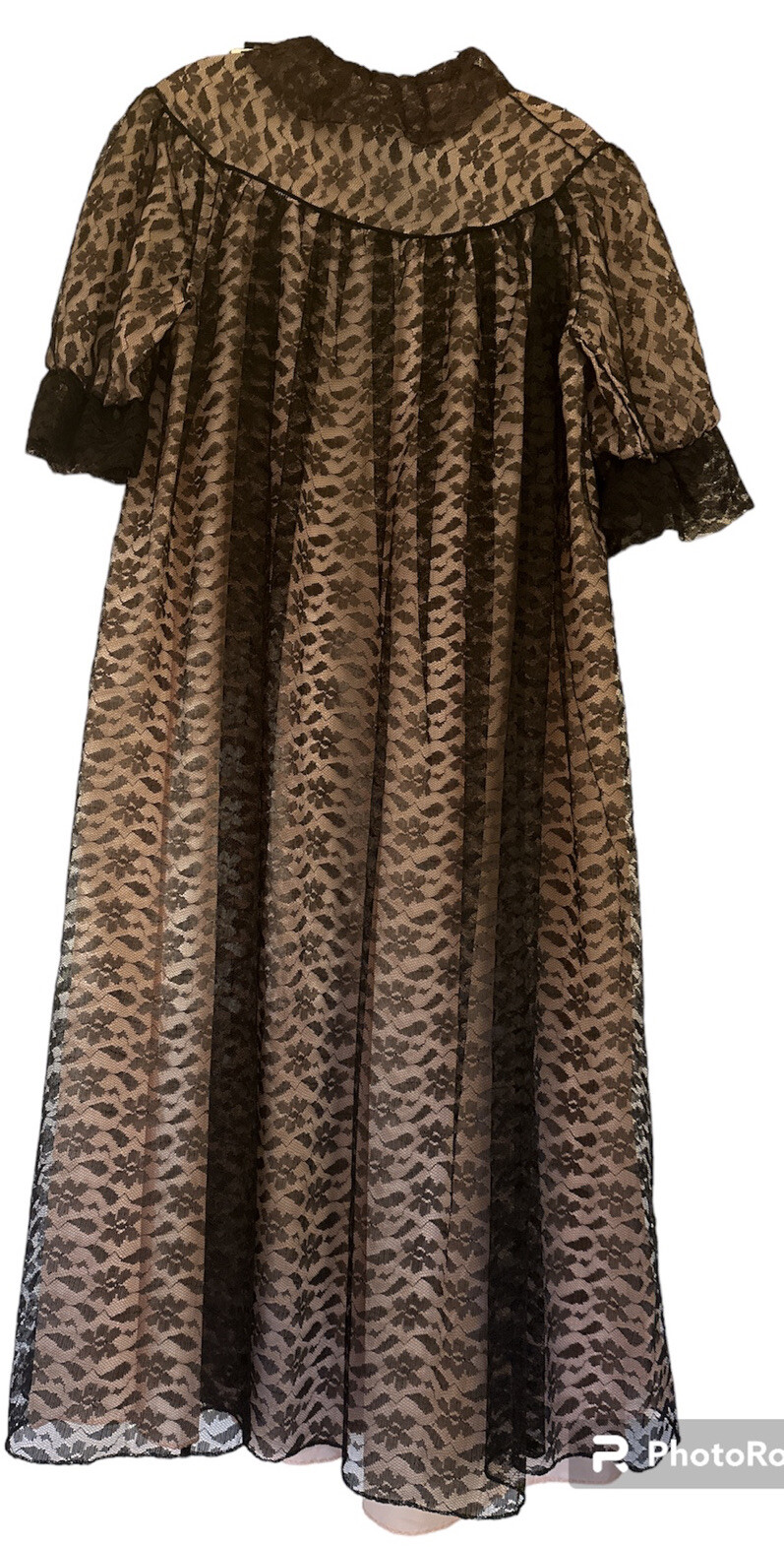 Vtg 50’s Dressing Gown Black Floral Tulle Lace & Pink Satin, Puff Sleeves S/M?