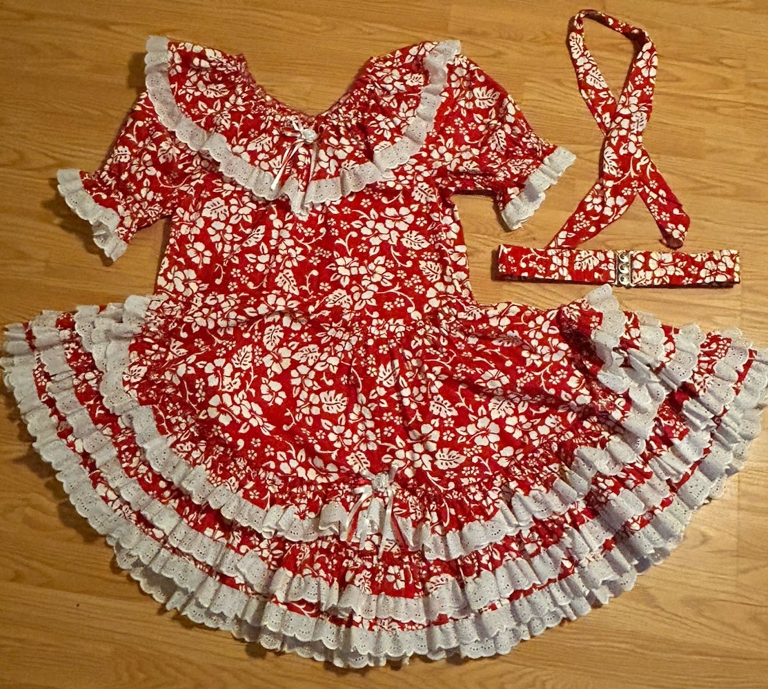Vintage Handmade Red Floral Square Dance Dress S/M 4 Piece Western, Rockabilly