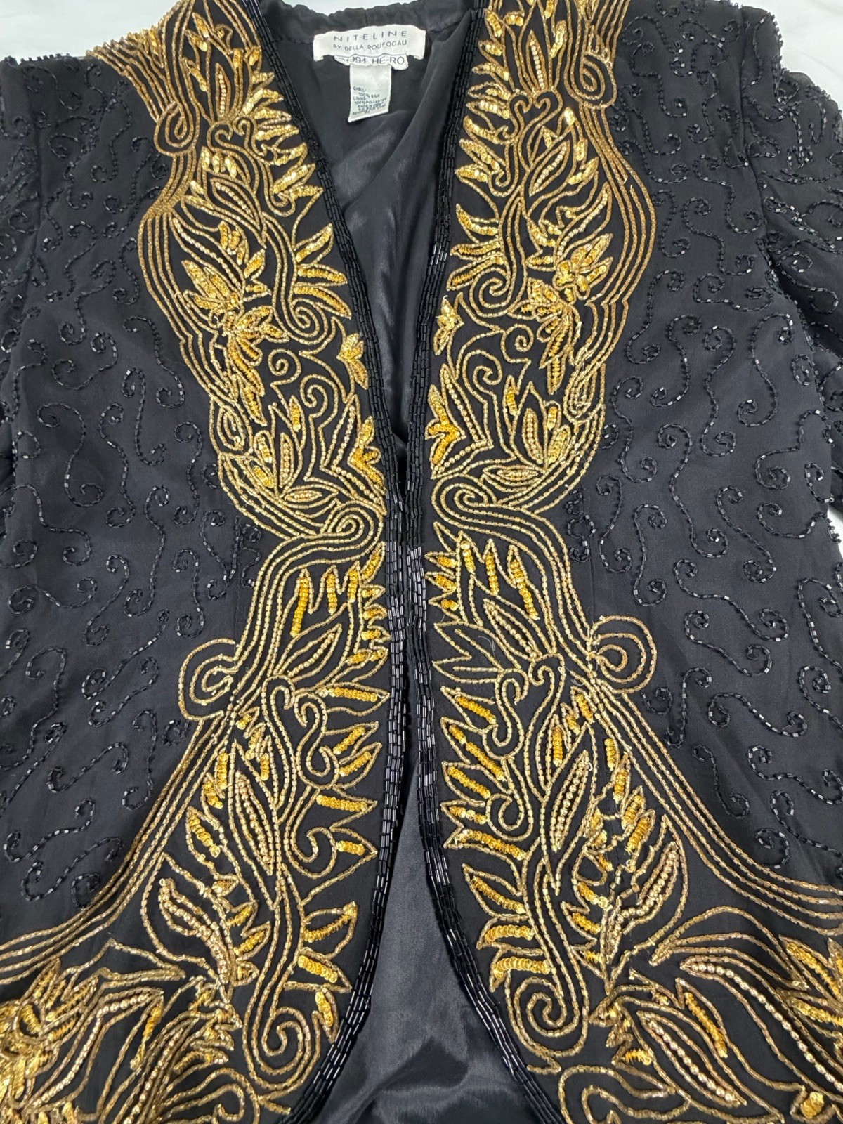 Vintage Niteline by Della Roufogali 1990s Black Gold Beaded Silk Jacket