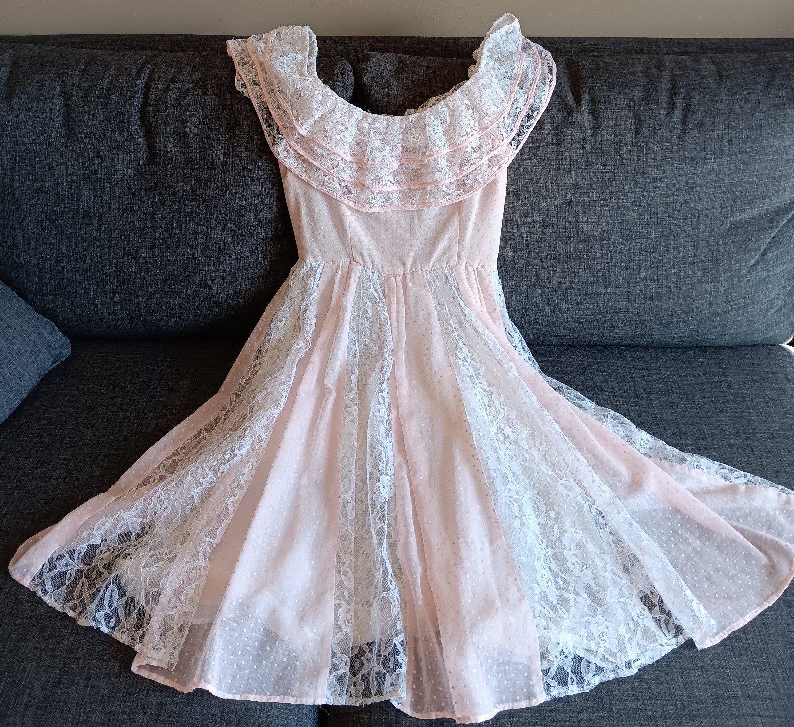 Vintage Pink Swiss Dot Lace Dress Cottagecore Prairie Frilly Dress Lolita 80s
