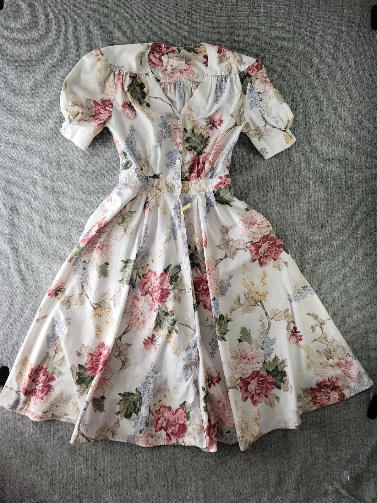 Vtg 80s Cottagecore Floral Maxi Dress 12 14 Cotton Puff Sleeve Button Front USA