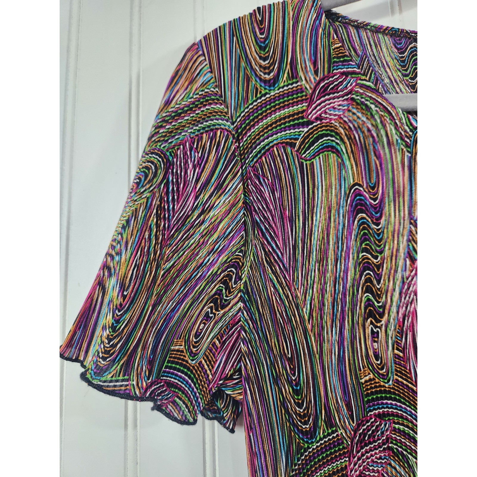 Vintage Sharade of CA Psychedelic Swirl Ribbed Midi Dress 14P Multicolor Sheer