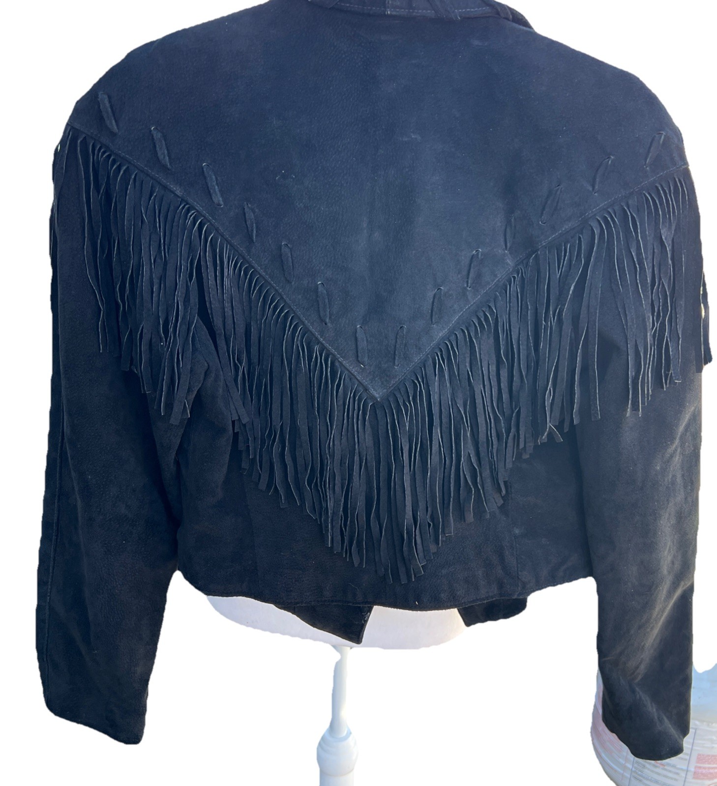 Vtg Phoenix Black Suede Fringe Western Jacket Cropped Whipstitching USA Sz M