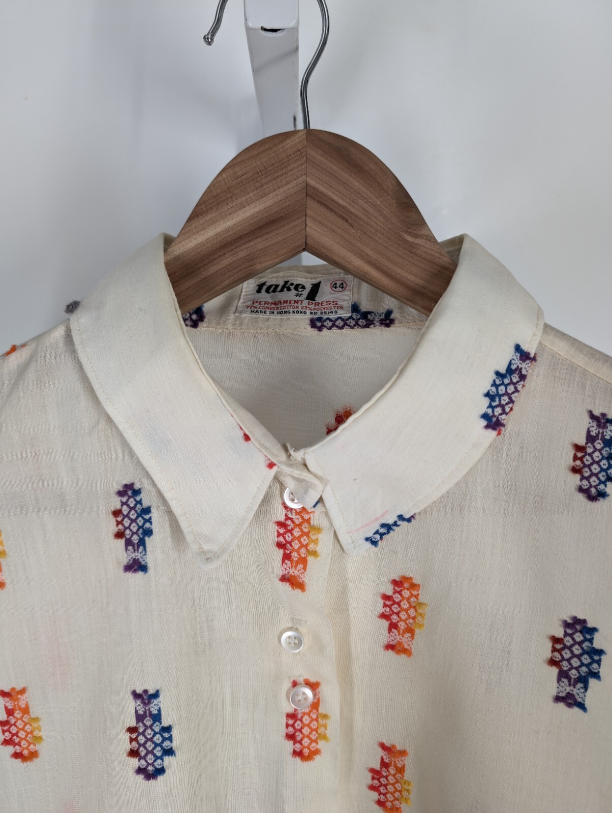 Vintage 70s Embroidered 3D Multicolor Boho Allover Print Disco Shirt Take #1 44″