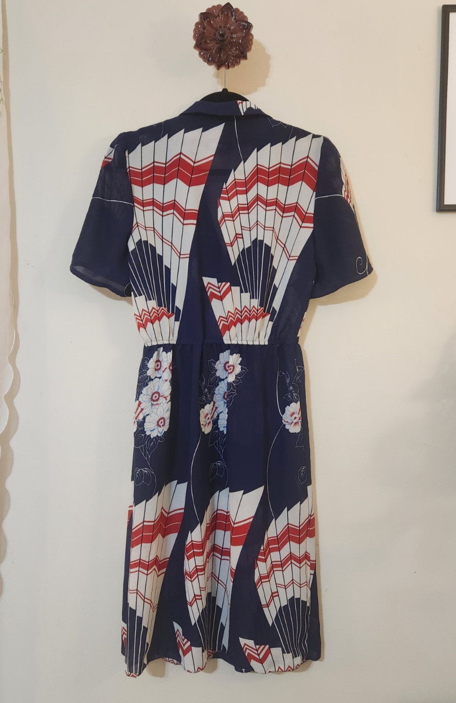 Vintage 80s San Laurance Navy Blue Fan & Floral Print Wrap-Style Day Dress