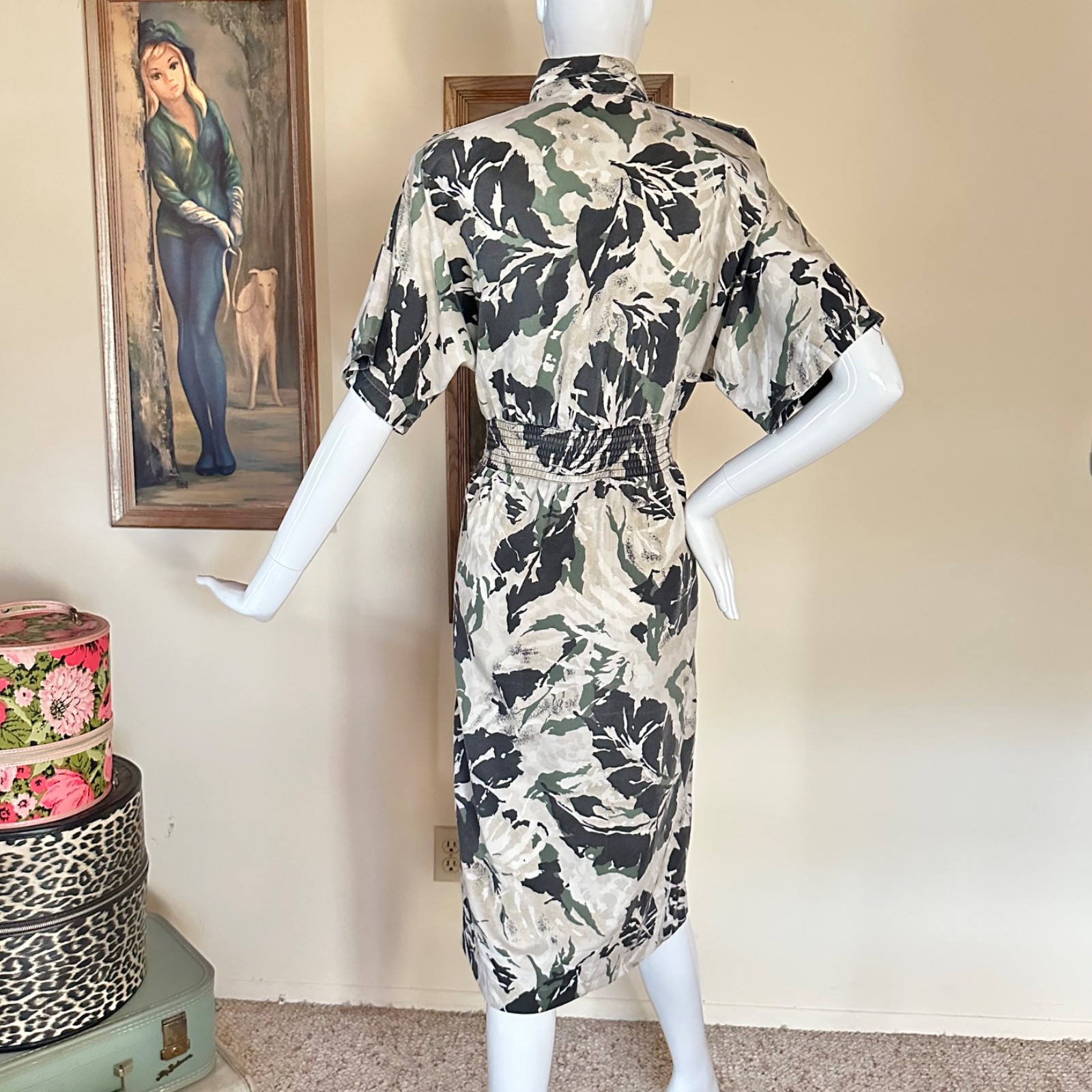 Vintage 1980s New Wave Camo Print Shirtwaist Uniform Military Day Dress M