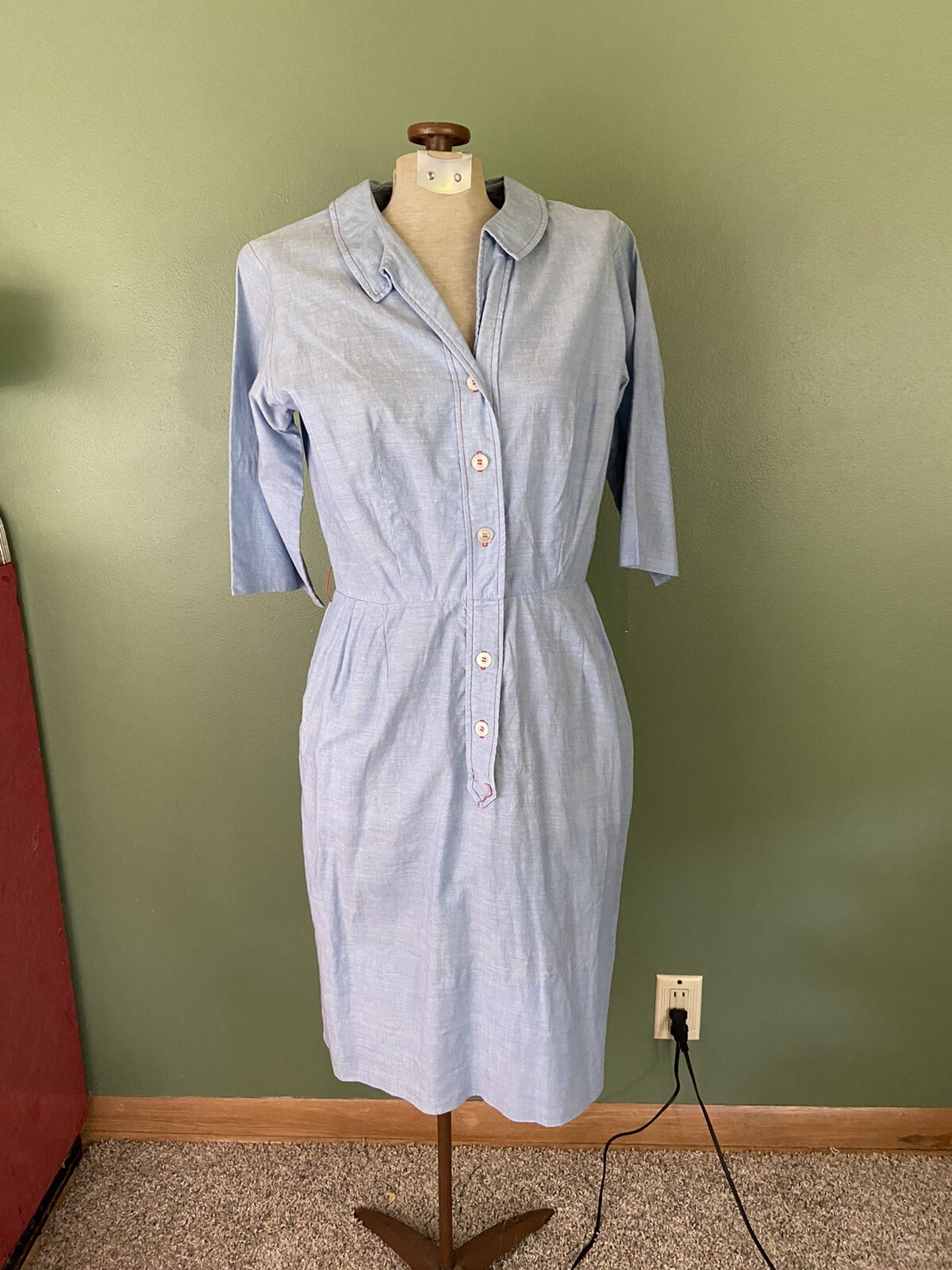 Vintage Small Fit Flare Shirt Dress Blue with Red Accents & Pockets Light Denim