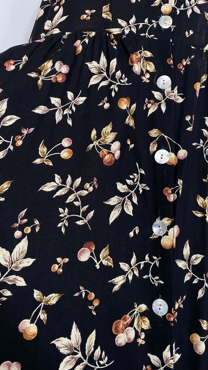 Vintage 1990s black cherry maxi dress S M jumper sleeveless rayon novelty print