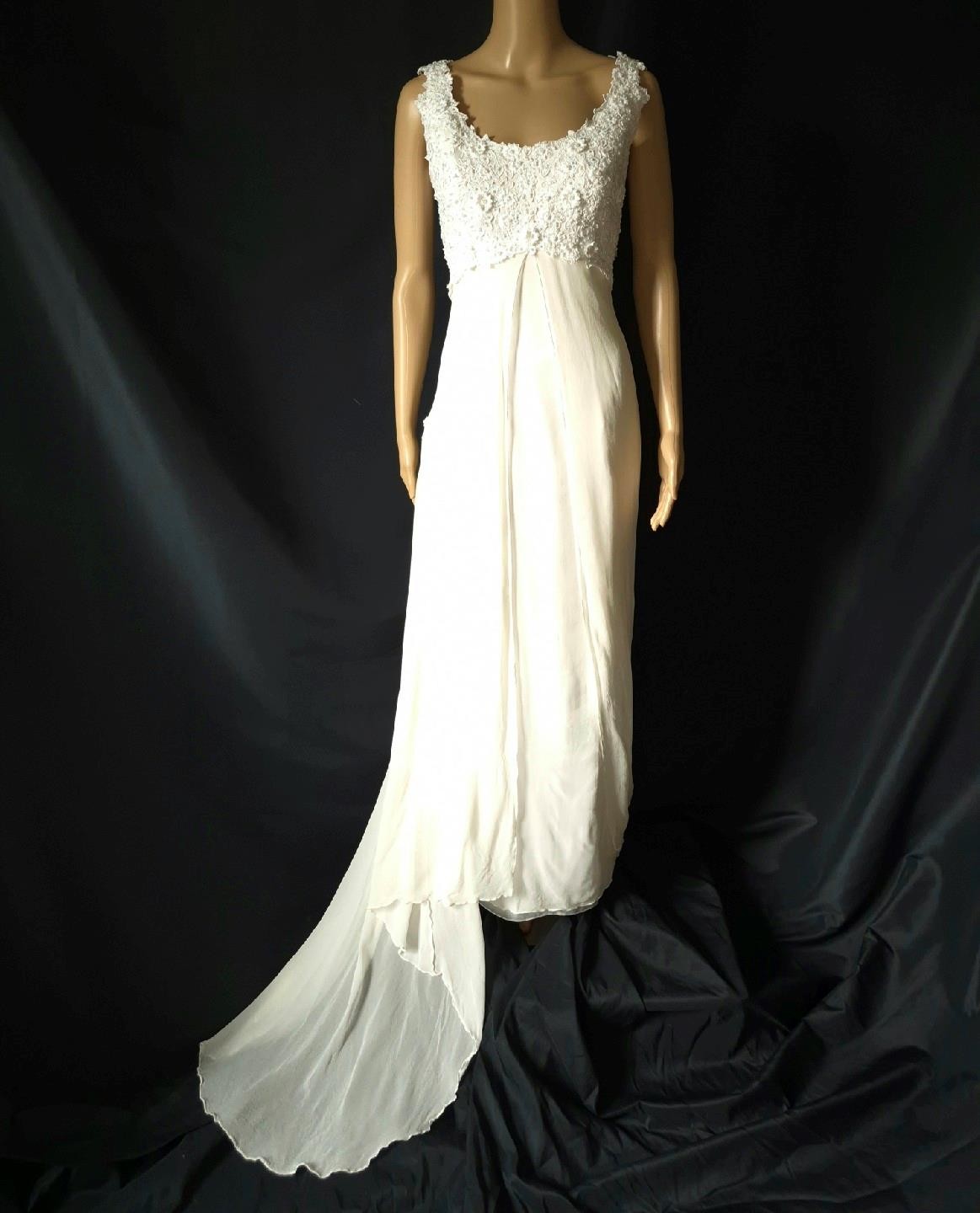 Vintage IVORY SILK CHIFFON & BEADED LACE Empire Waist BRIDAL DRESS WEDDING GOWN