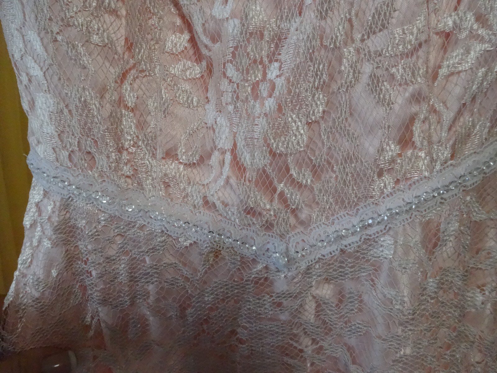 Vtg 80s Powder Pink Lace over satin Evening Wedding Prom Dress UNION Made 7/8