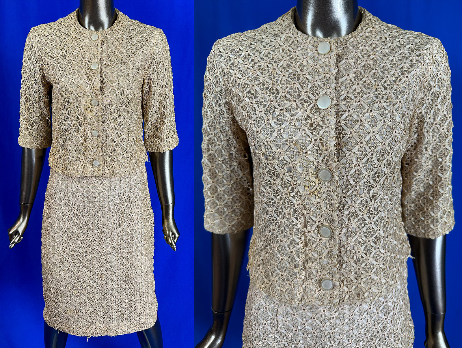 Vintage A Weber Original Cream Silk Ribbon Crochet Lace Knit Suit Jacket Skirt