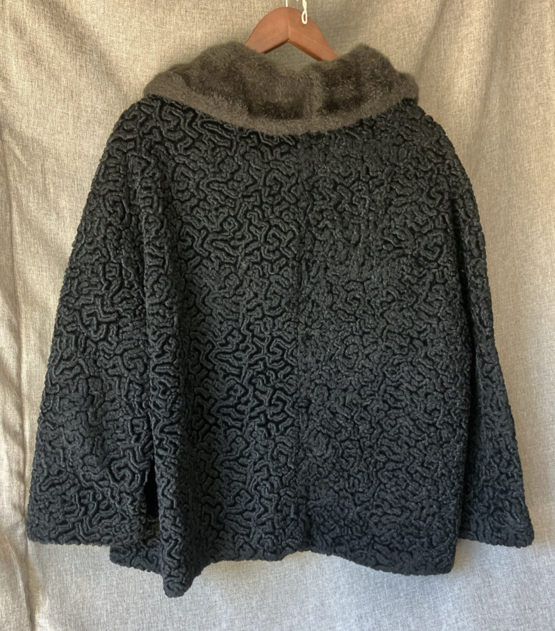 Vintage Black Faux Persian Lamb Jacket Brown Shawl Collar Women’s M/L