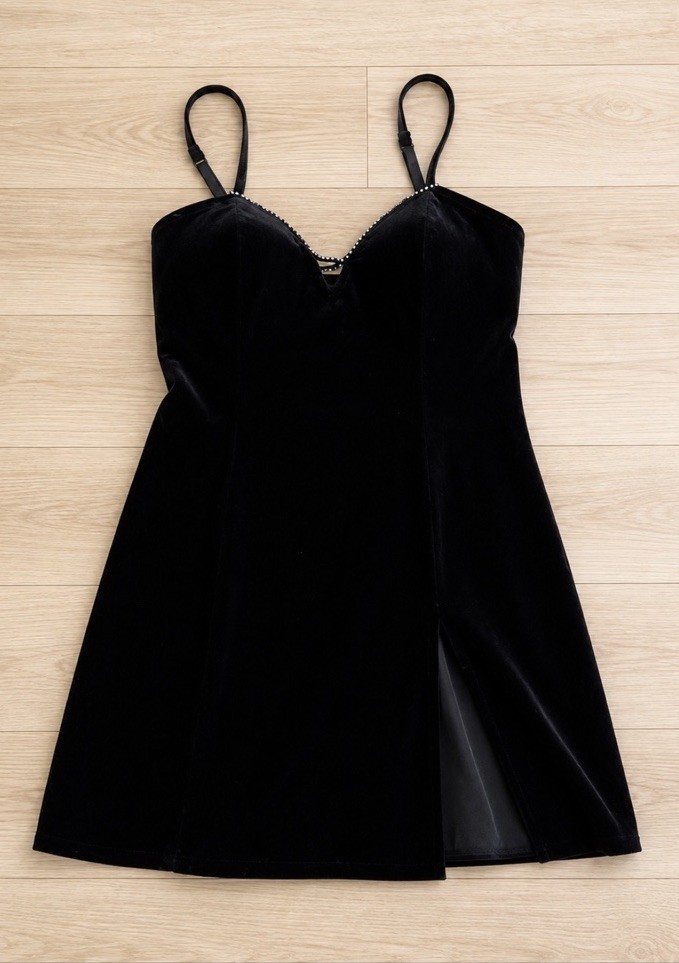 Frederick’s of Hollywood Black Velvet Mini Dress with Rhinestones Small