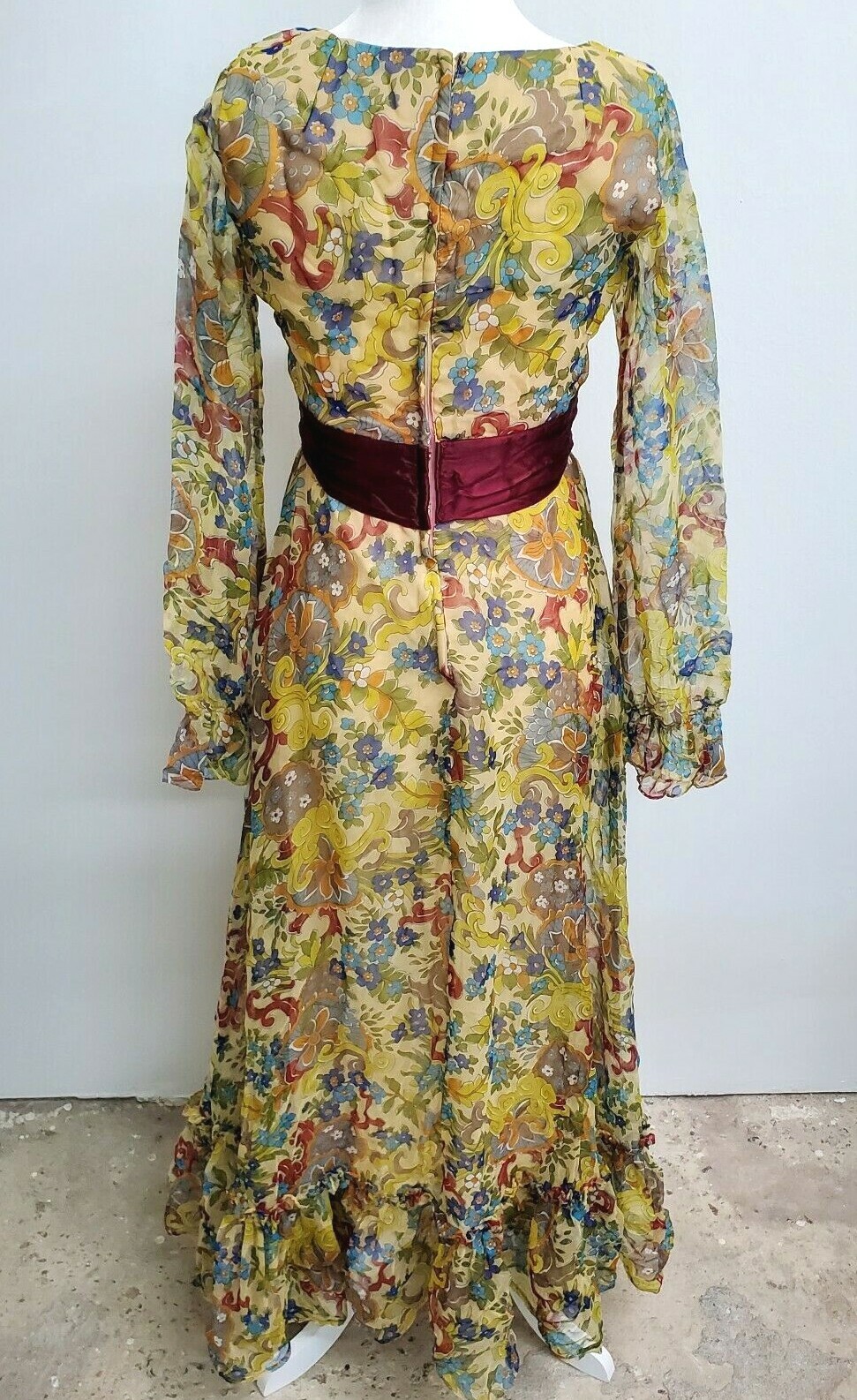Vintage 70’s Maxi Dress Peasant Colorful Psychedelic Floral Hippie Sheer Chiffon