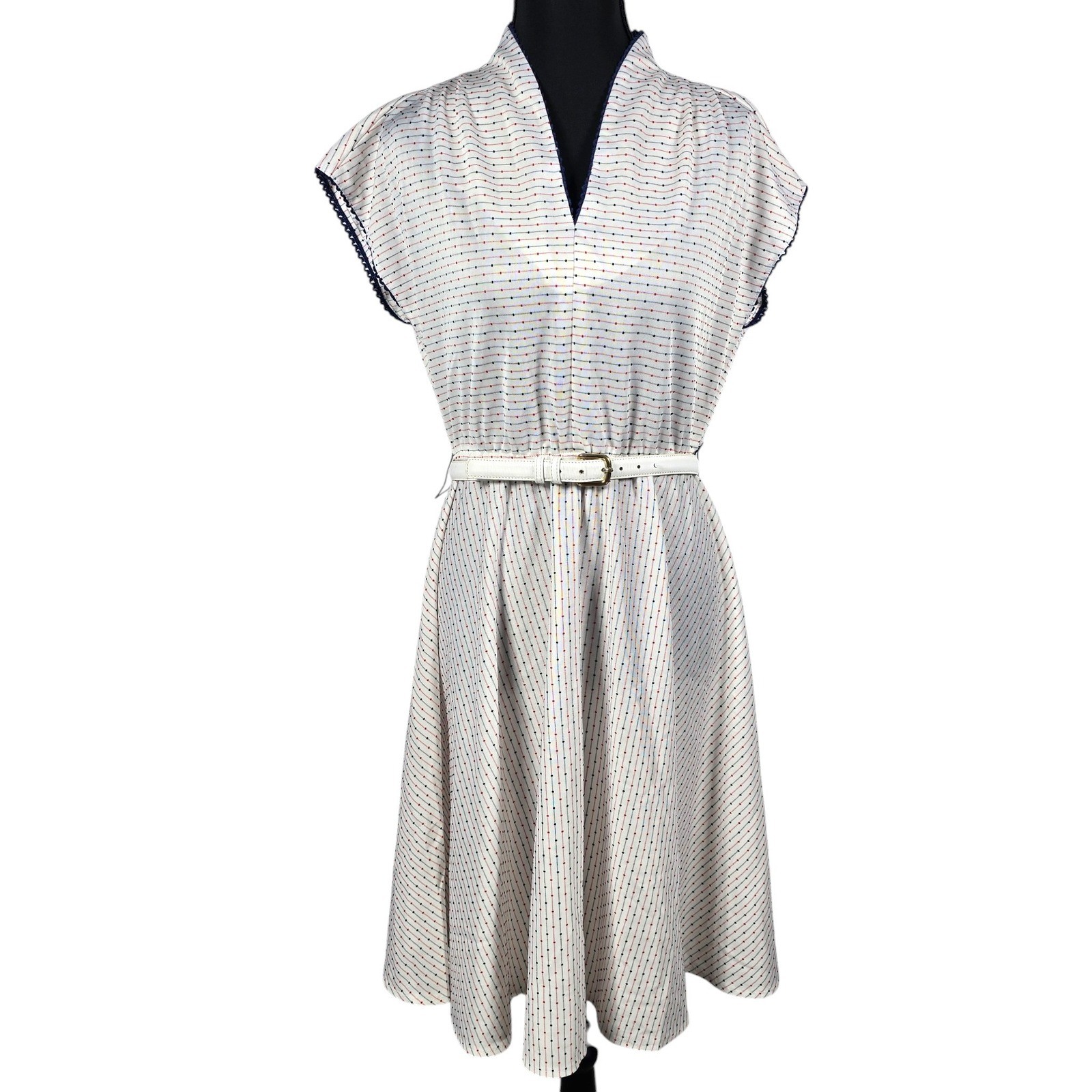 VTG Franky B Women White Red Navy Dotted Stripe Cap Sleeve Midi Dress Size 10