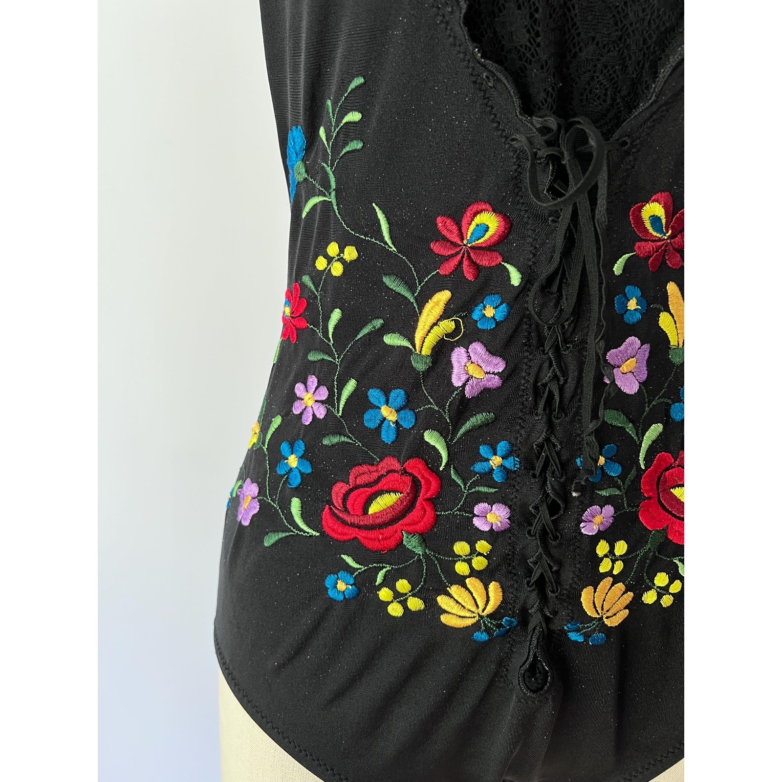 Gottex One Piece Swimsuit Black Floral Embroidered Lace Up Vintage 8