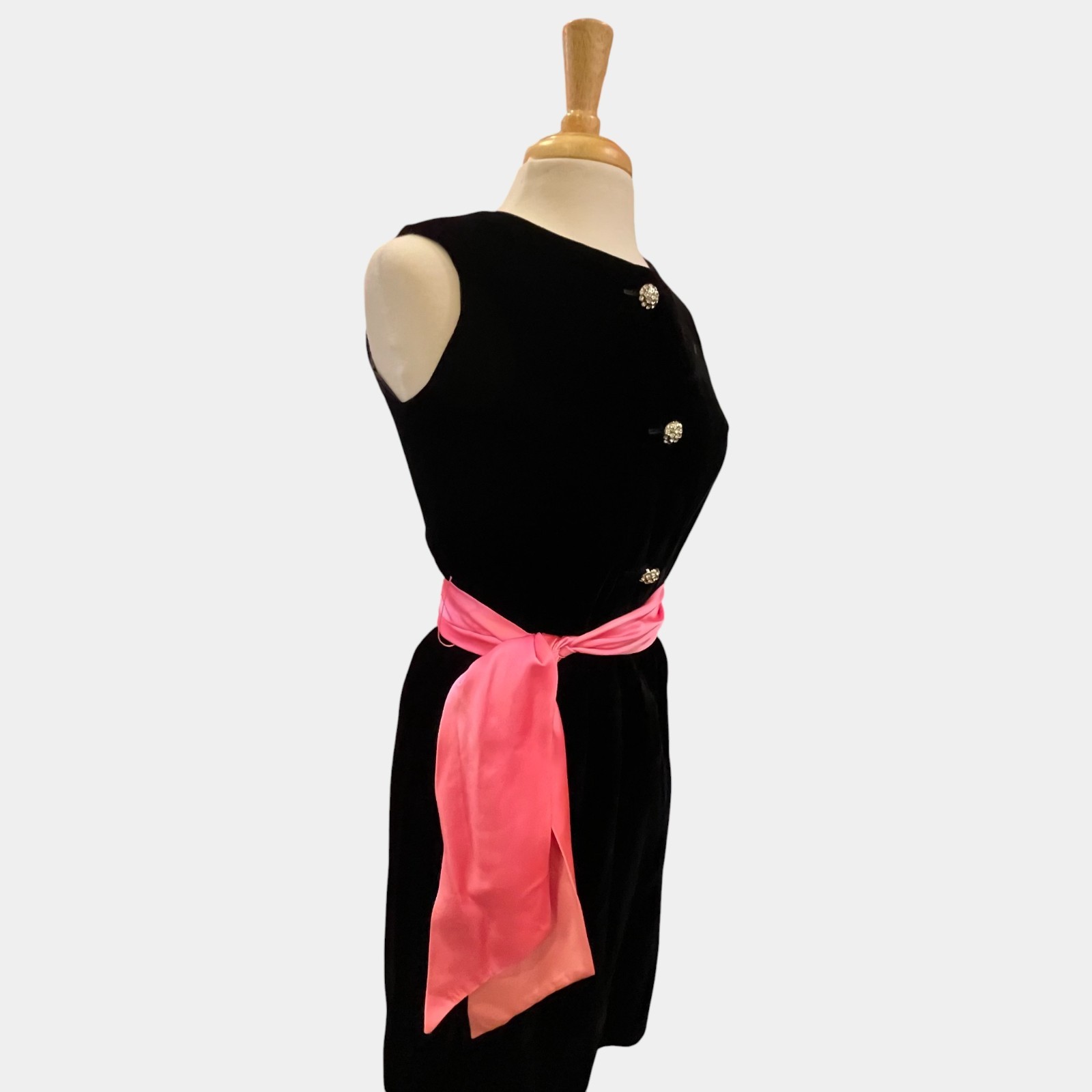 Vintage Carol Brent Black Velvet Dress Pink Satin Sash Rhinestone Buttons NOS