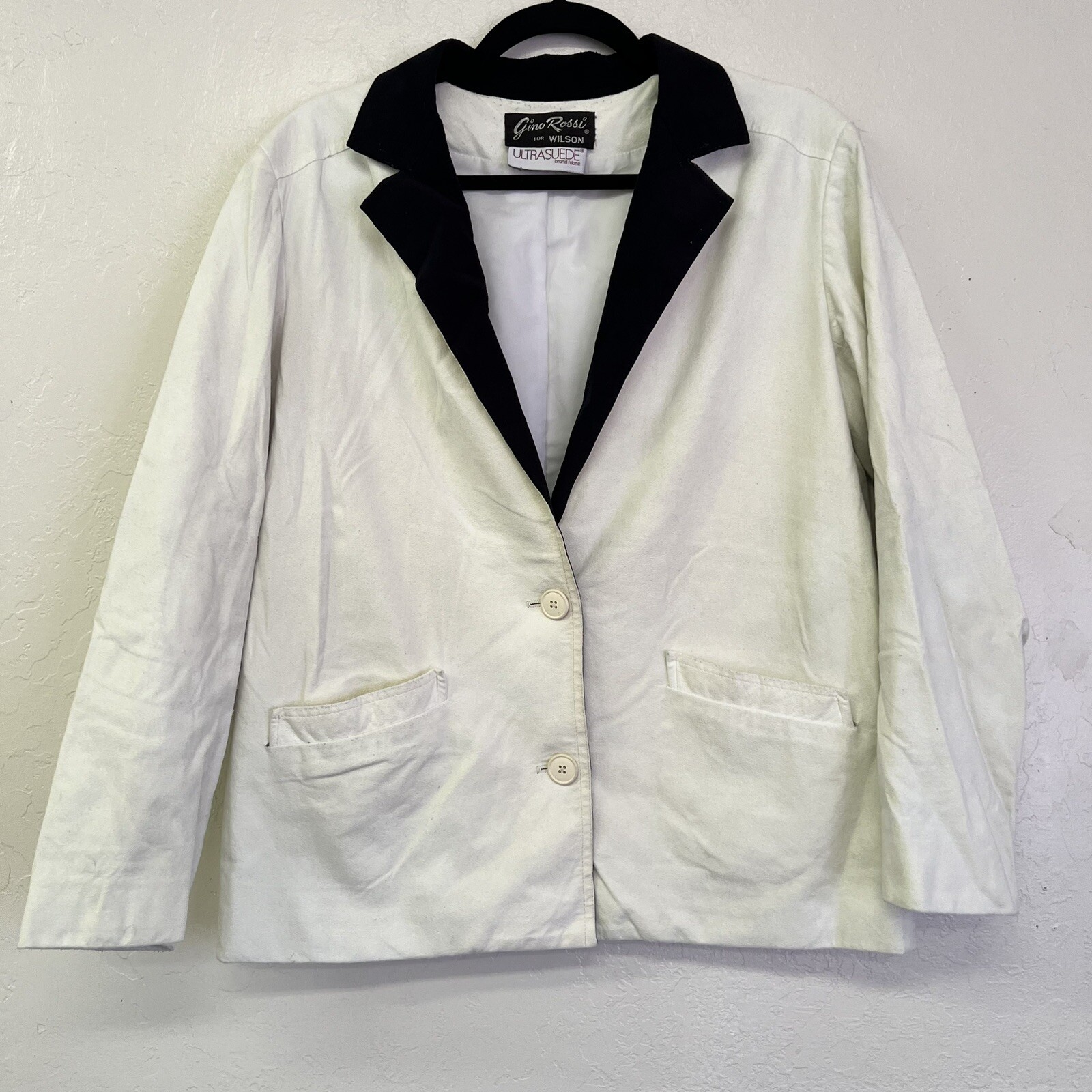 Vintage 80s Gino Rossi Wilson’s Black Collar White Faux Suede Blazer Sz 12 GVC