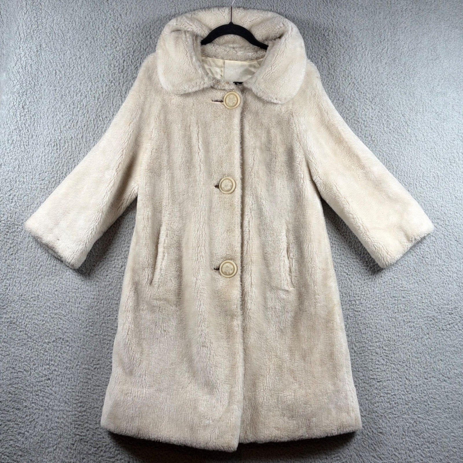 Vtg Beauvana Donnybrook Faux Fur Coat Ivory Mid-Length L Retro Hollywood Glam