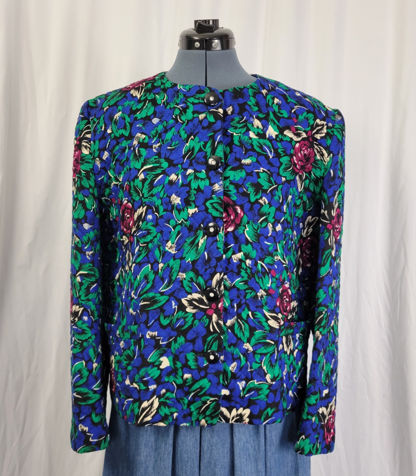 Vtg Stephen Douglas Ltd Blue & Green w Purple Flowers Quilted Jacket Size 14