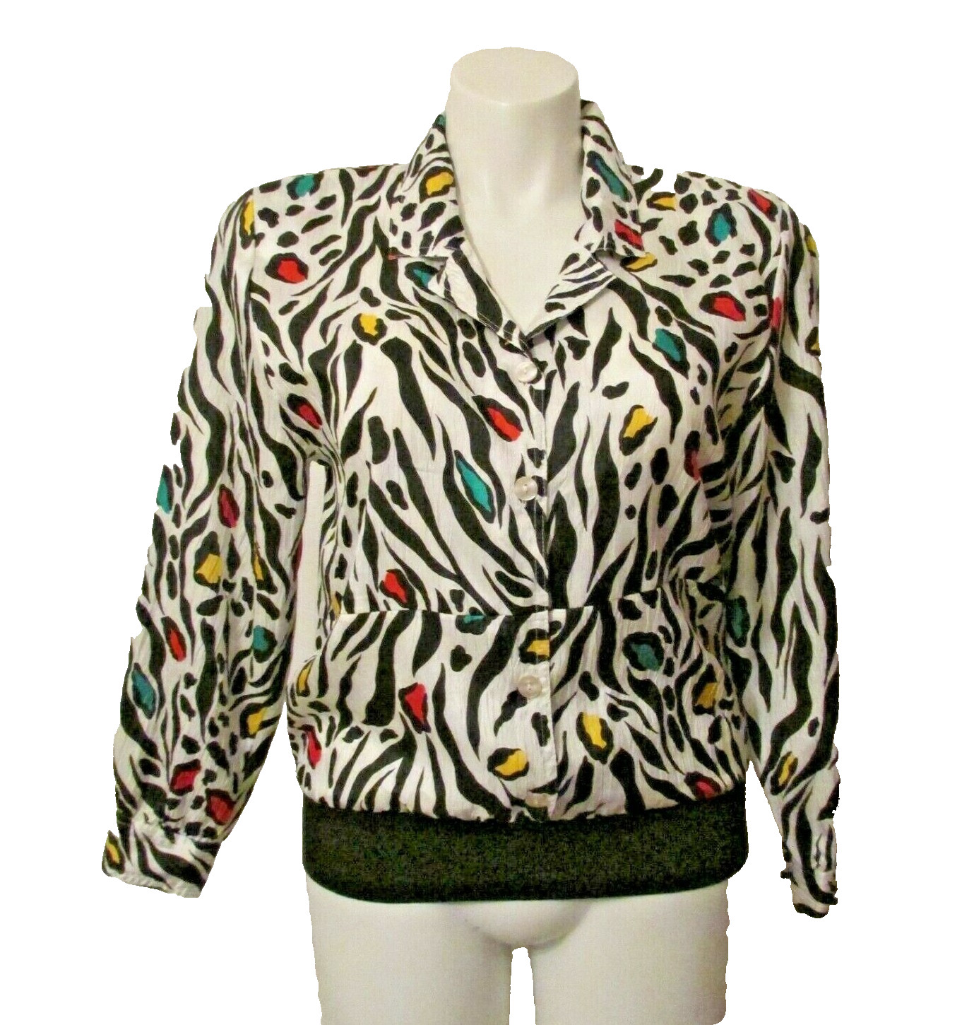Leslie Fay Separates Multicolor Zebra Print Button Up L/S Top Blouson Blouse M