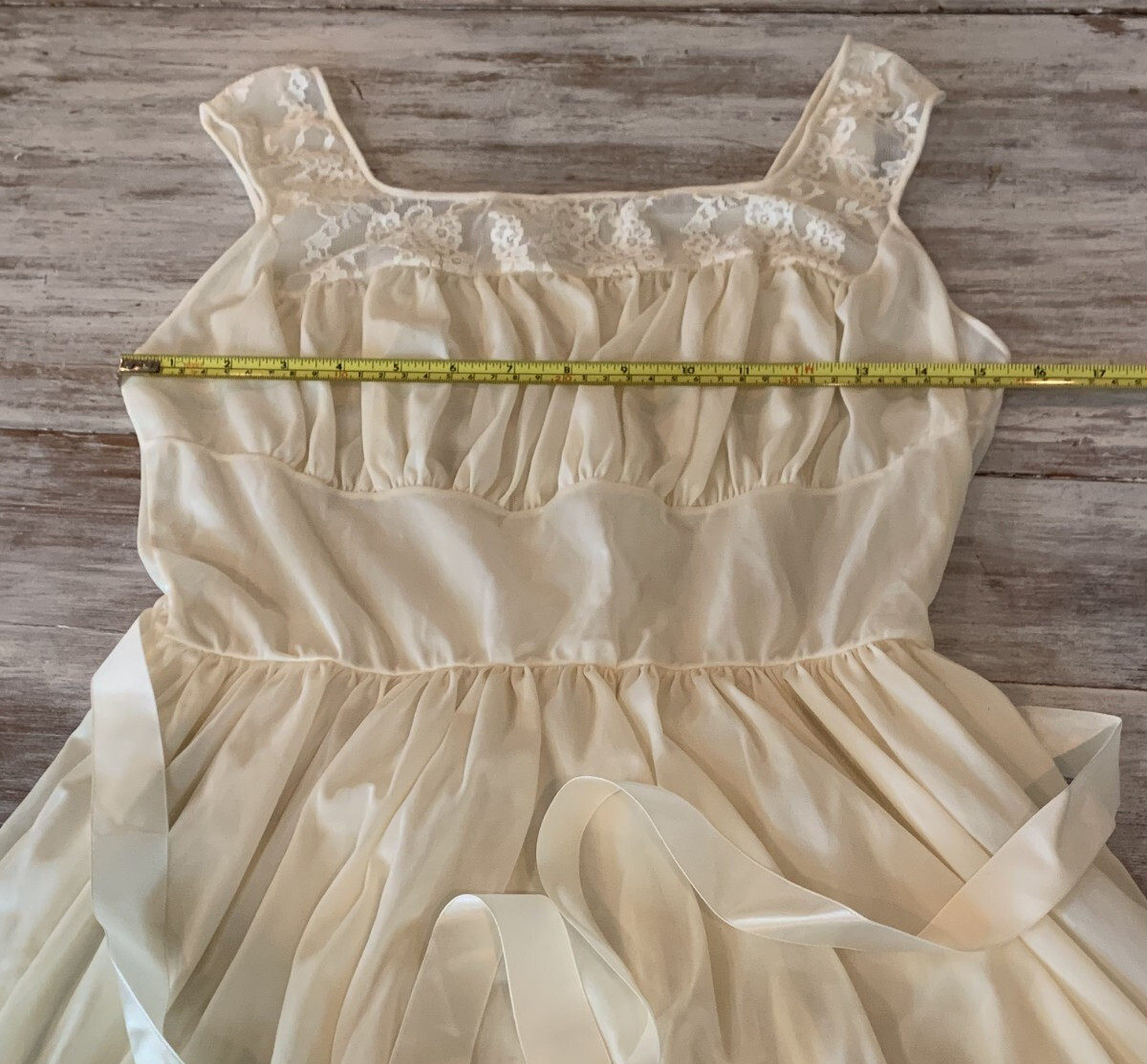 Vtg 60s Nightgown Butter Yellow Nylon Lace Fairycore Satin Ribbon Tie Sz 38