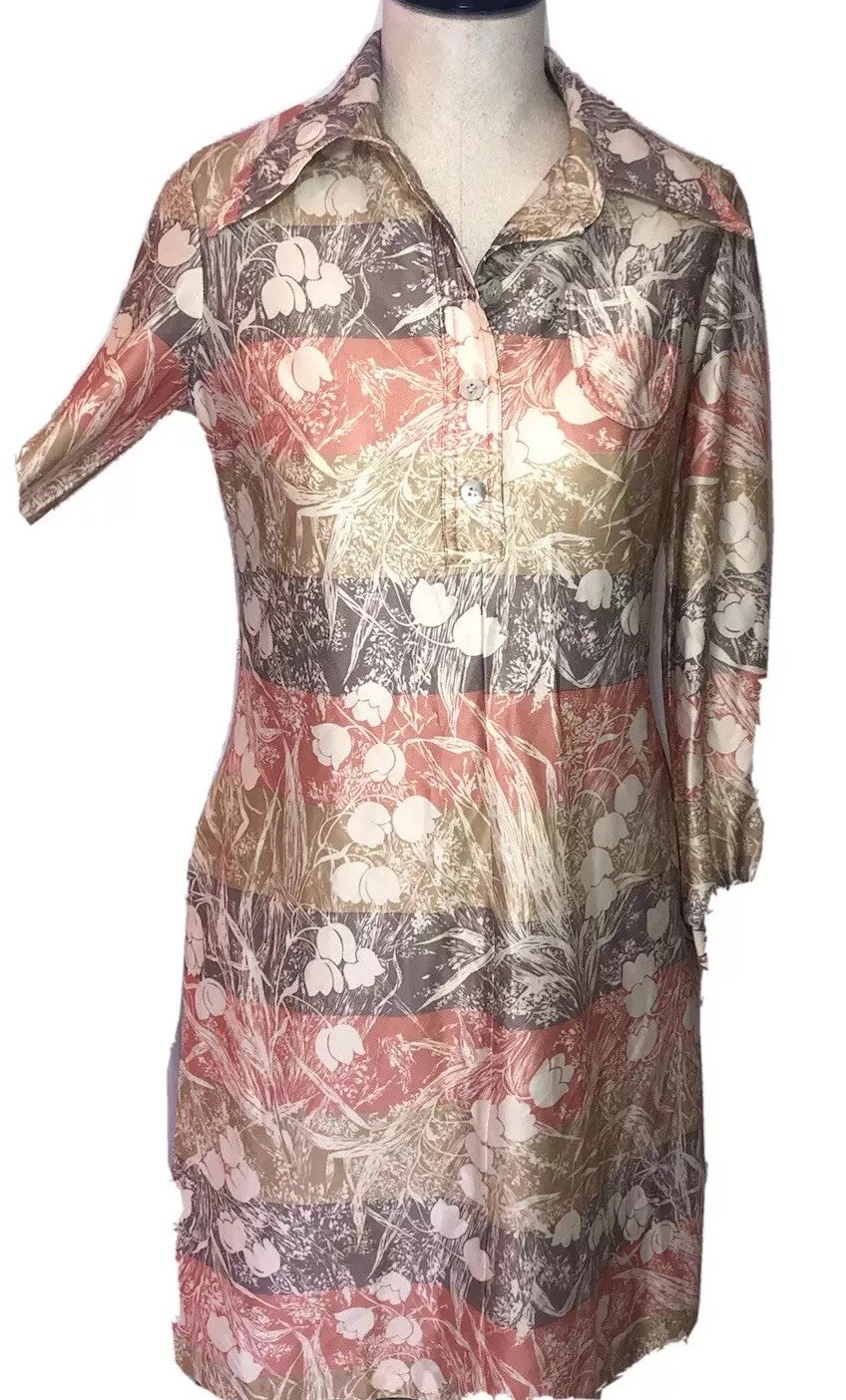 Vtg 60s Dress Midi Floral Jerrell TX Lily Of Valley Unique Coral Gold S M 34 36