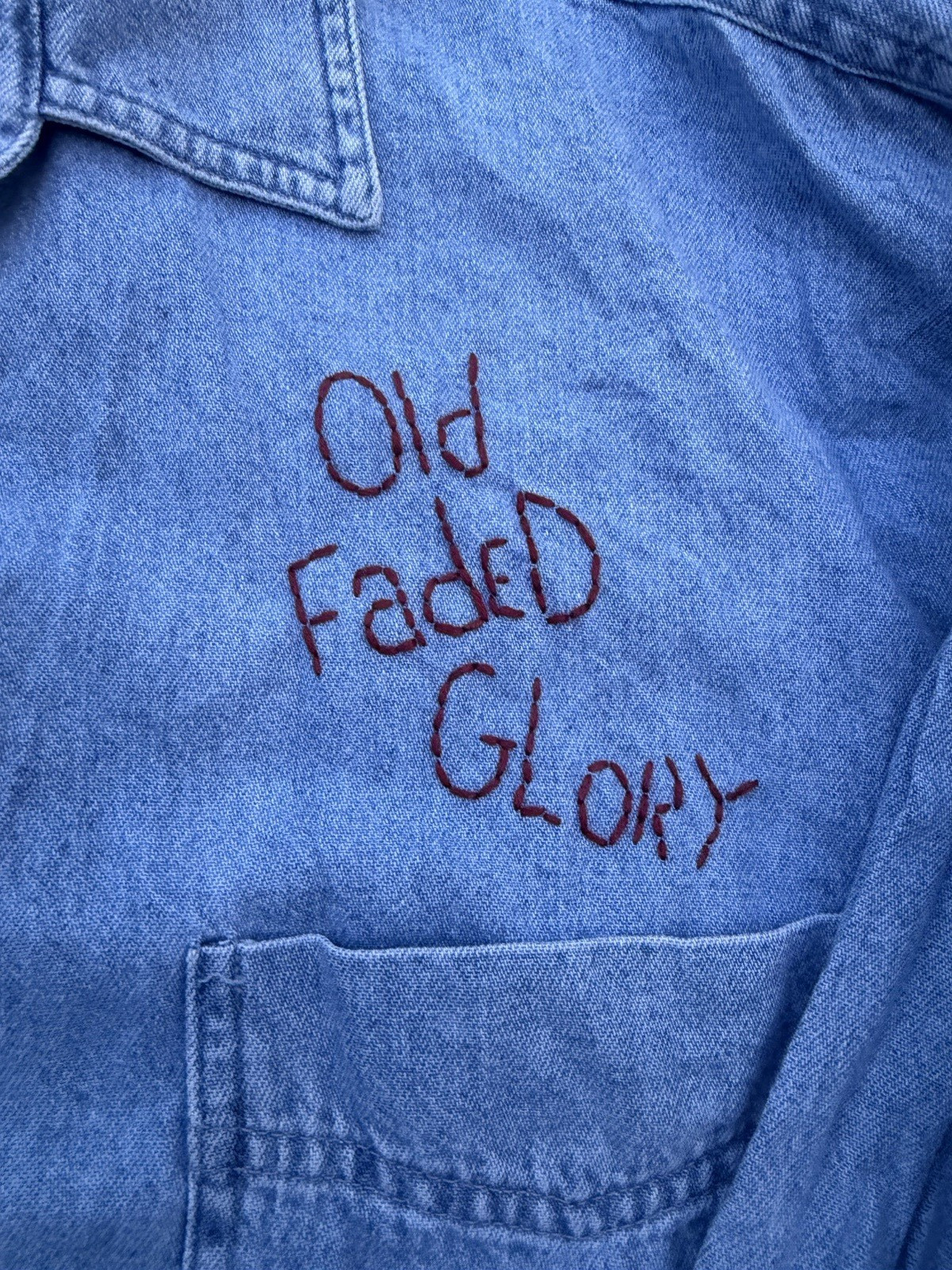 Vintage Patriotic Denim Shirt L Embroidered Faded Glory Sun Belt Denim