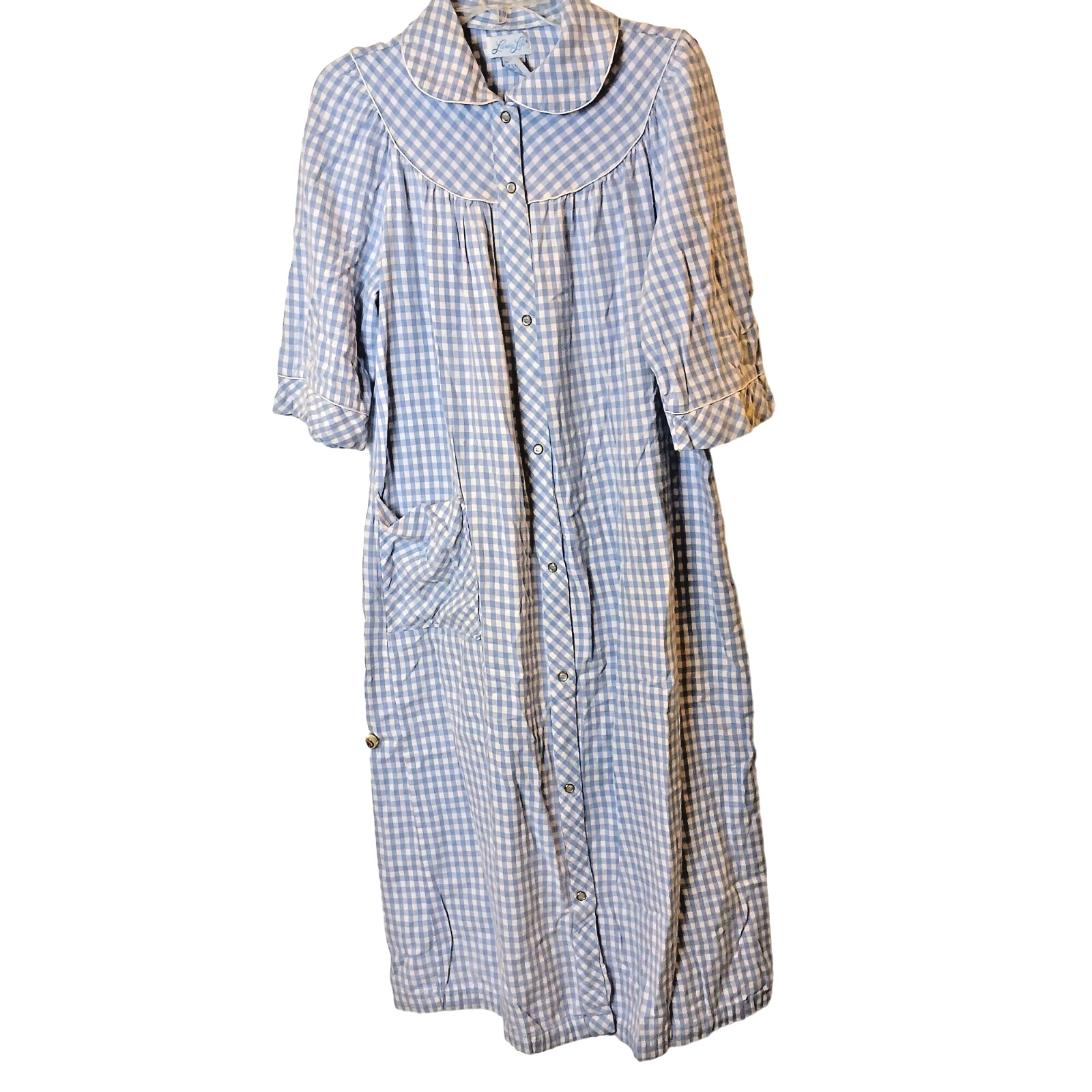 VTG Leisure Life HouseCoat Blue White Large Flannel Checker Cotton Nightgown #I9