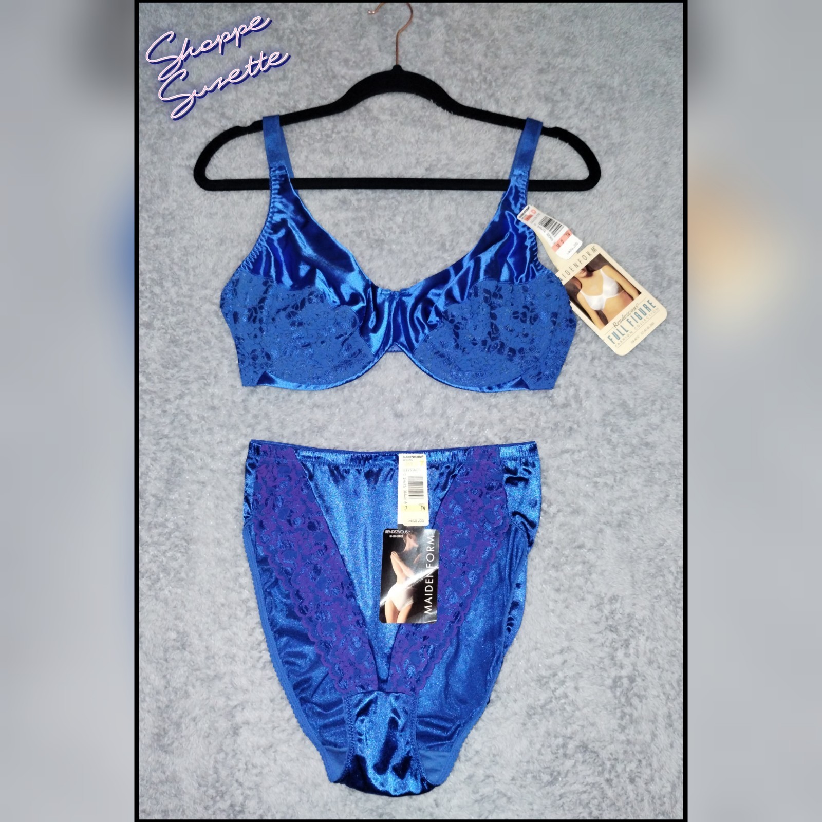 Maidenform Rendezvous NWT VTG Cobalt Blue Nylon Satin Lace Set 38D / Large