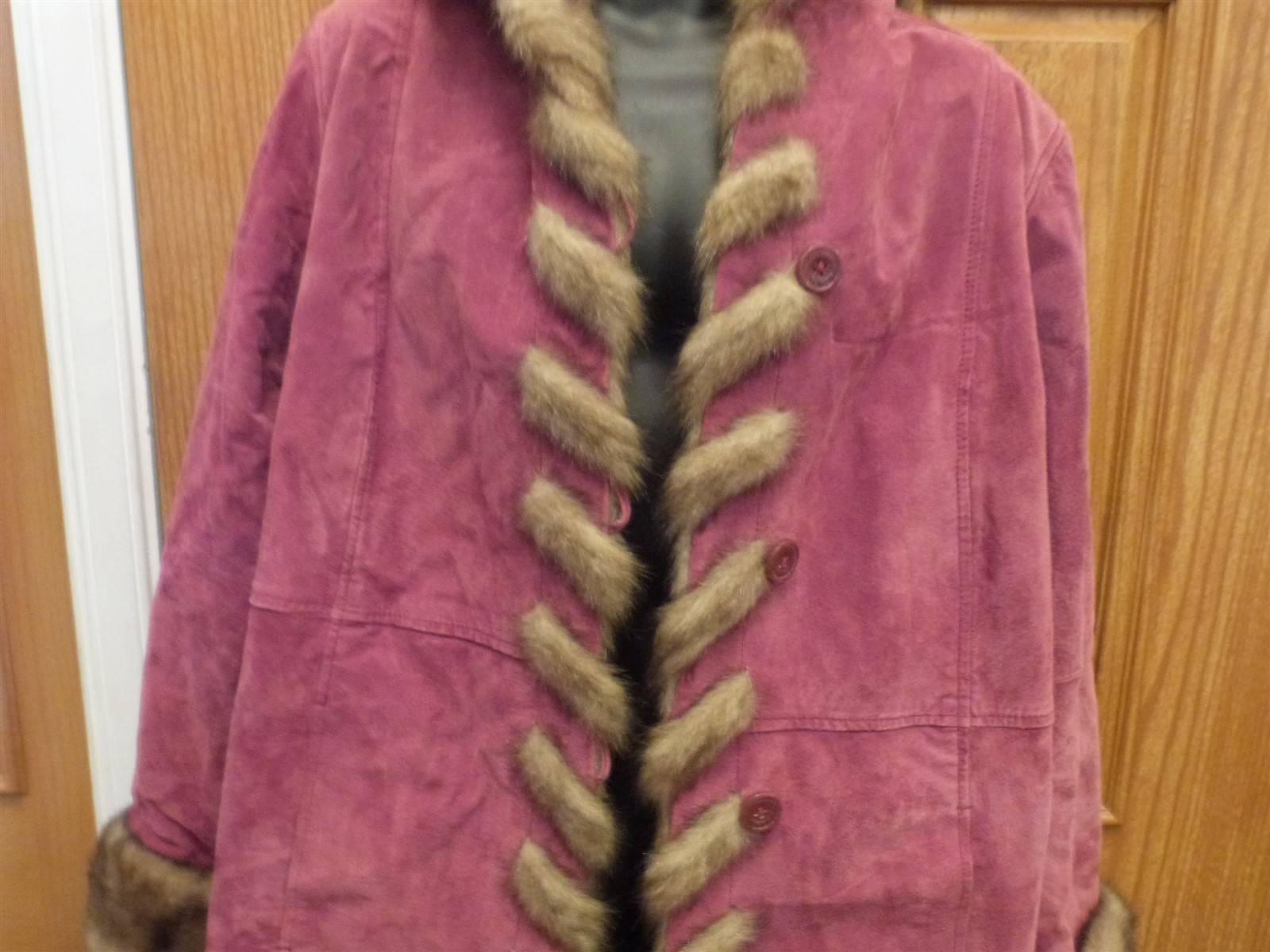 Dennis Basso suede coat vintage 1990s faux fur red Burgundy Maroon wine hood W L