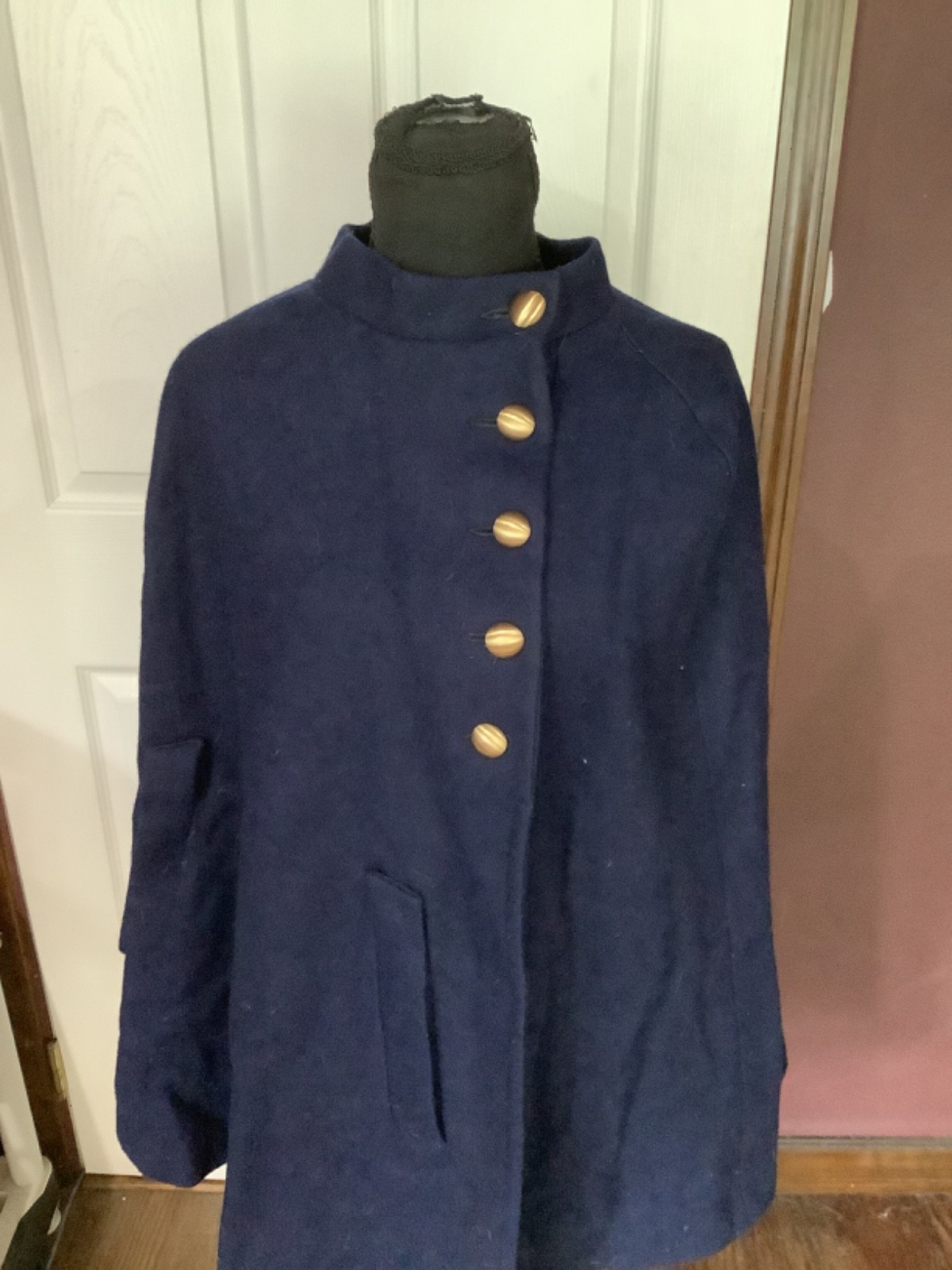 vtg 1960s Jerold Navy blue wool cape coat w/ gold buttons O/S