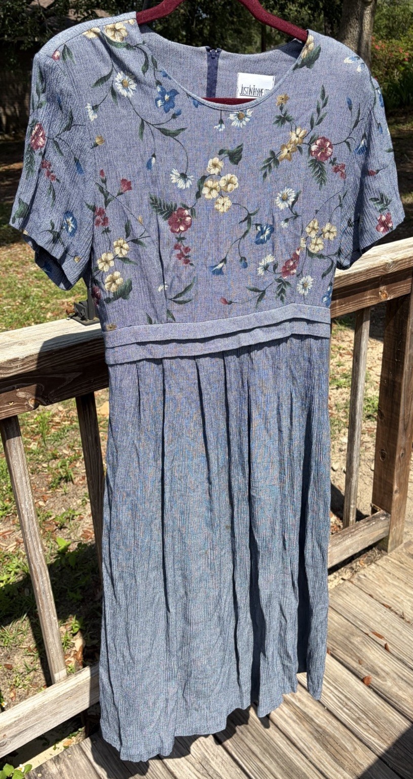 Vintage 1990s Just in Thyme Ltd Rayon Blue Floral Print Dress Sz16 Shoulder Pads