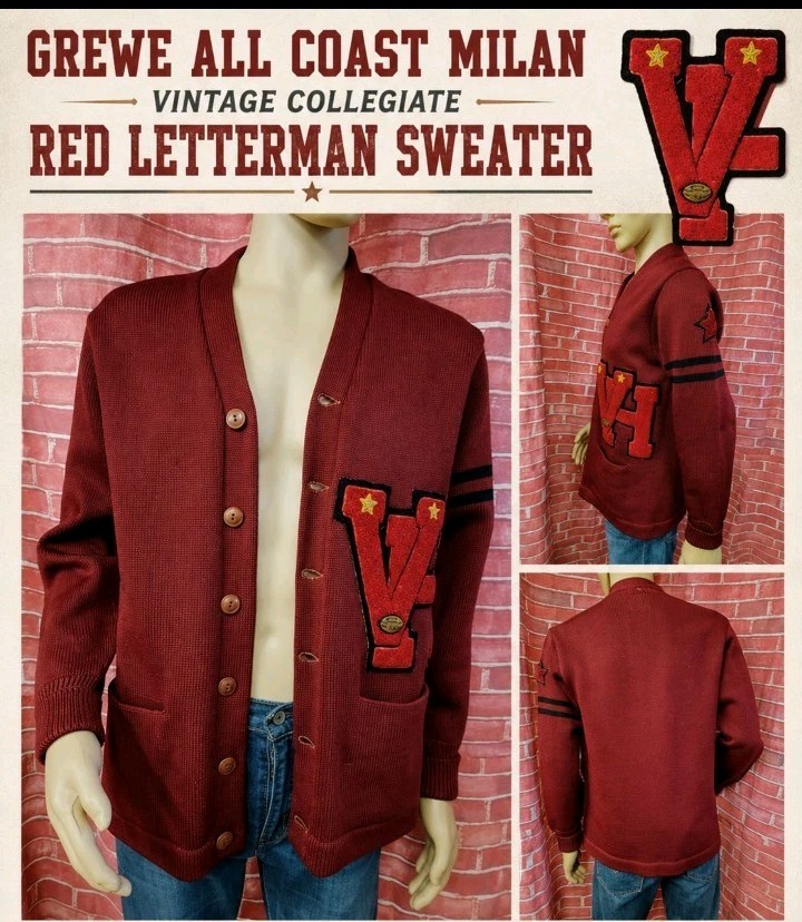 Grewe all coast Milan Vintage Collegiate RED Letterman Sweater FITS M „VH” #E