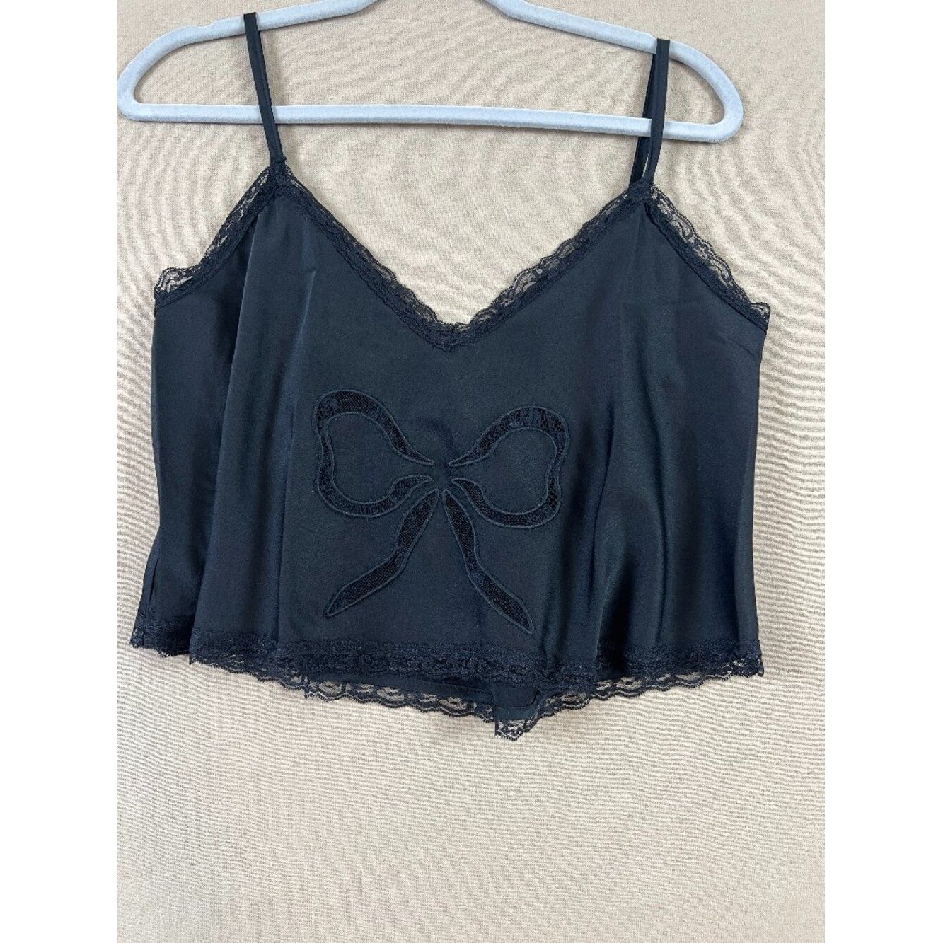 AND NOW THIS Black Satin Lace Bow Camisole Crop Top Coquette M Balletcore NWT