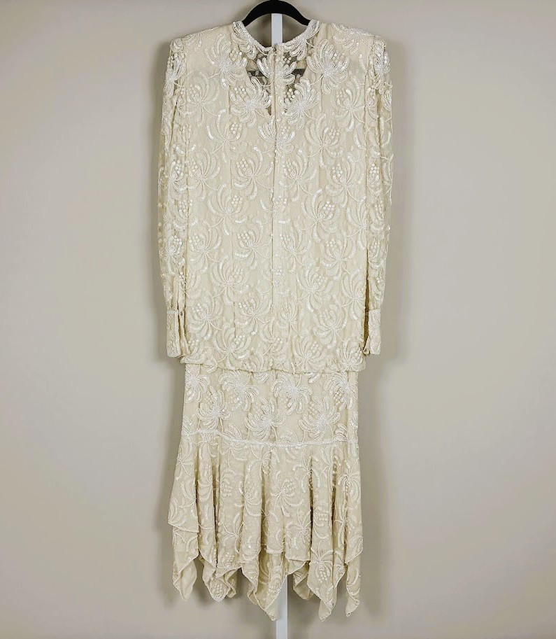 Vintage 1980s Beaded Sequin Lace Gown Ivory Handkerchief Hem Gatsby Bridal Gala