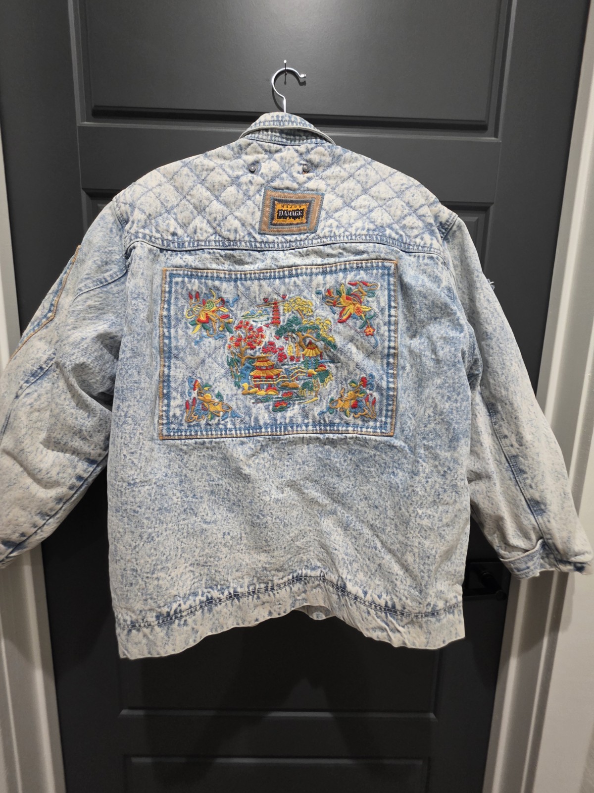 VTG Major Damage Denim Jacket Unisex XL Hip Hop Streetwear Size 3 Acid Wash