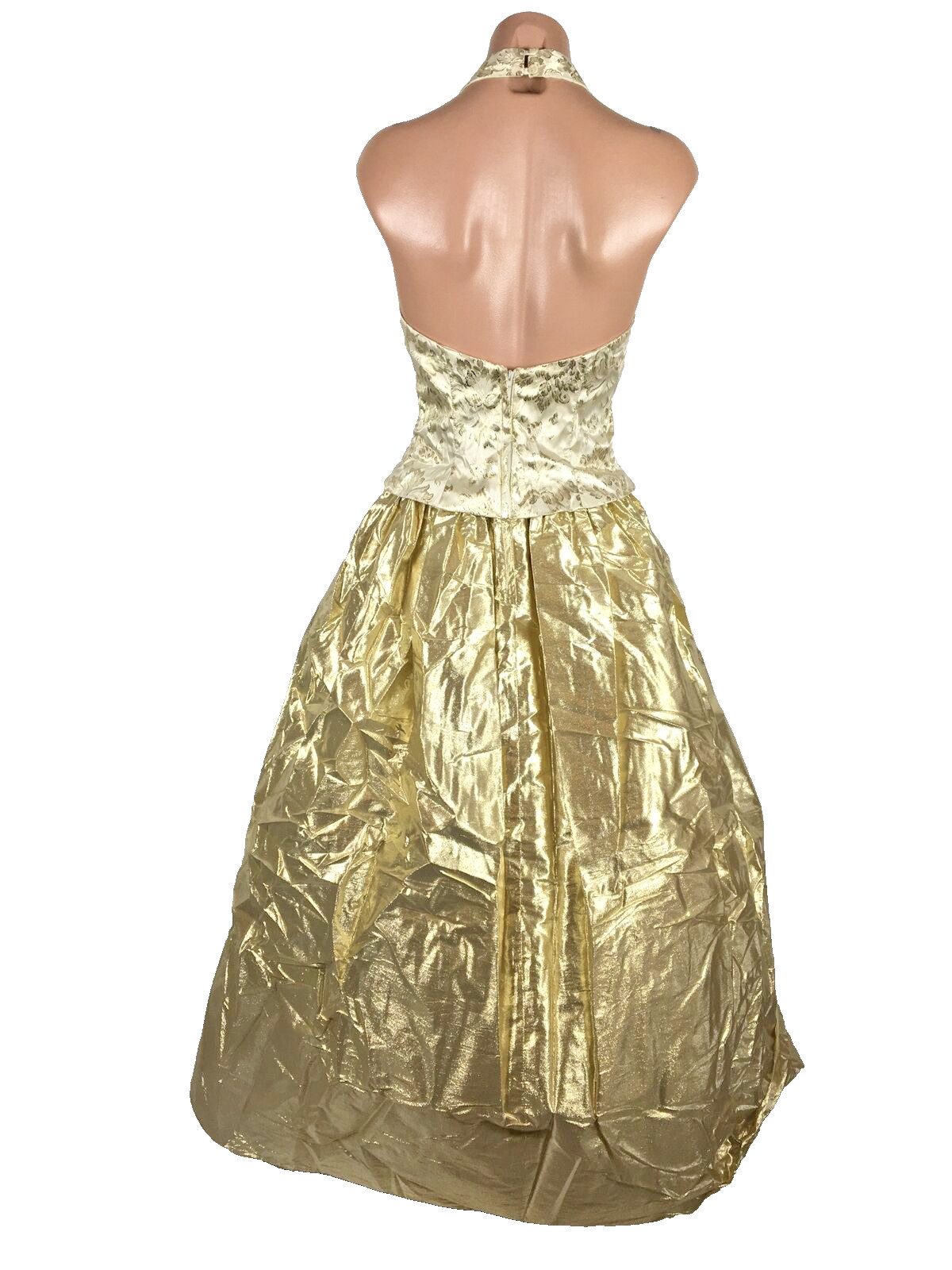 Jessica Mcclintock Gold Lame Halter Dress 7/8 PROM PARTY Vtg 80s 90s Metallic