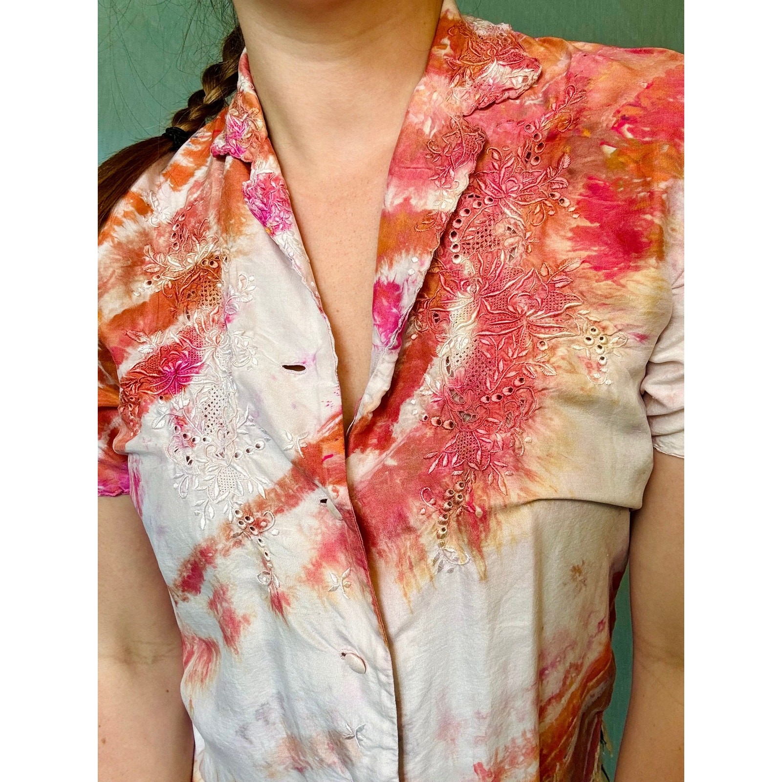 Shibori Dyed Vintage Silk Blouse Orange Pink Button Up Reworked Tie Dye Upcycled