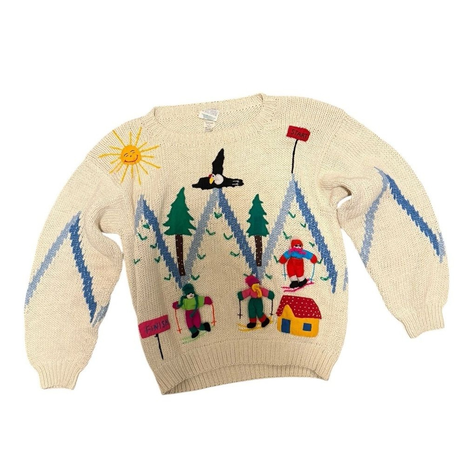 Vintage Peruvian 3D hand knit Cream Sweater ski mountain winter felt grannycore