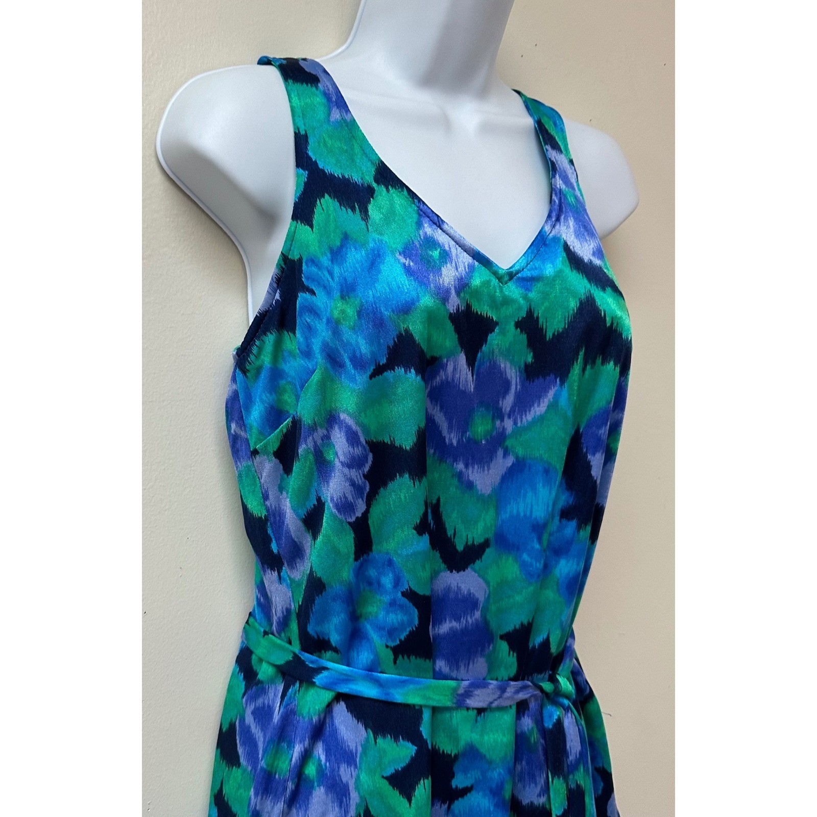 Maxine of Hollywood Vintage Swim Dress Blue Green Floral One Piece Size 16 USA